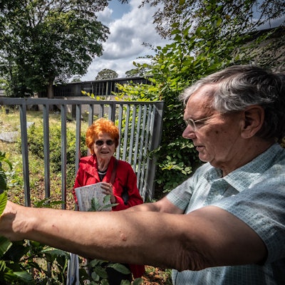 Renate Kretschmer und Günter Junkers beklagen den Zustand des jüdischen Friedhofs an der Robert-Blum-Straße, der seit ein paar Jahren zu verwahrlosen drohe.