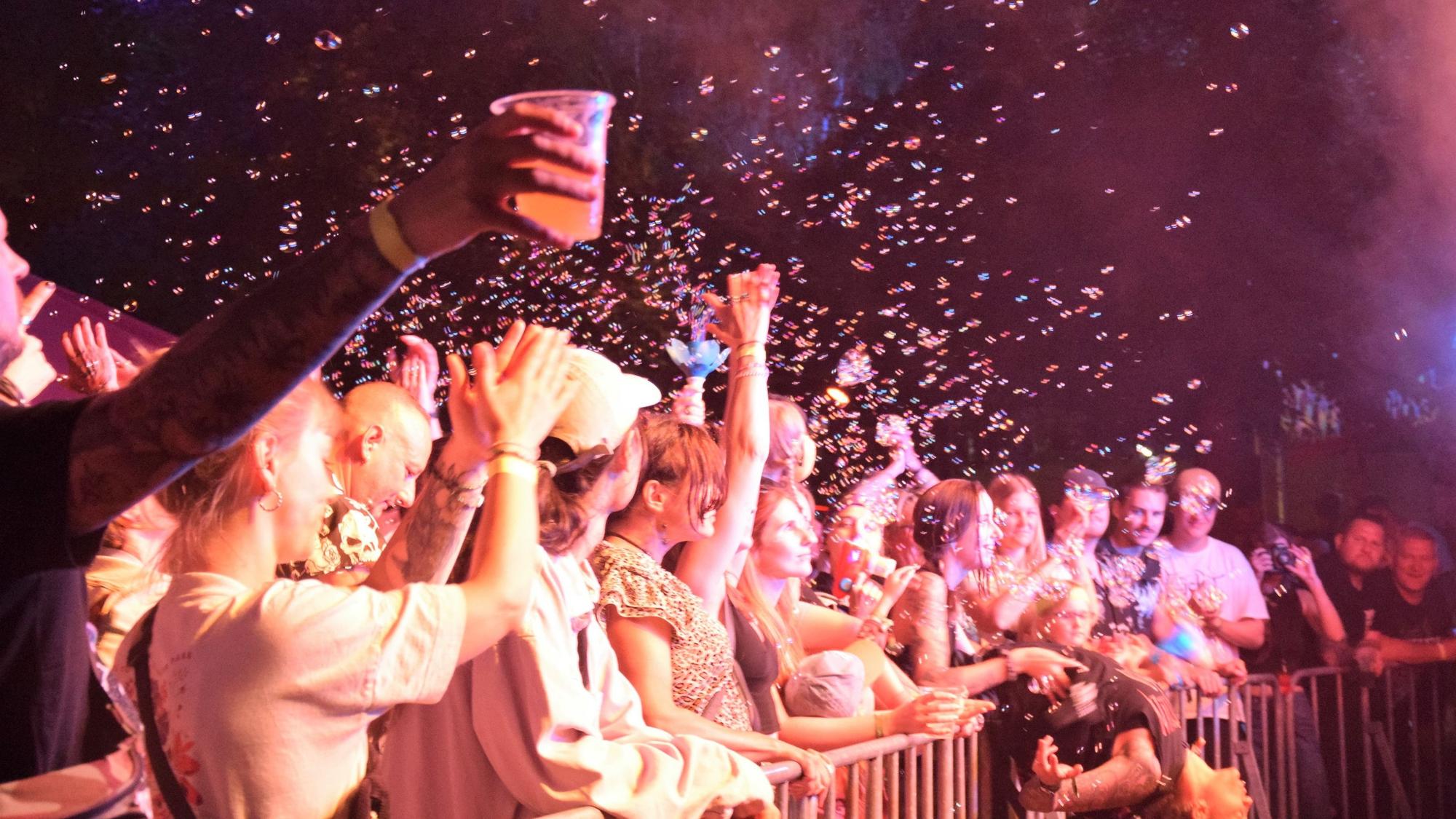 Das Bild zeigt Festivalbesucher in der Dunkelheit vor der Bühne.