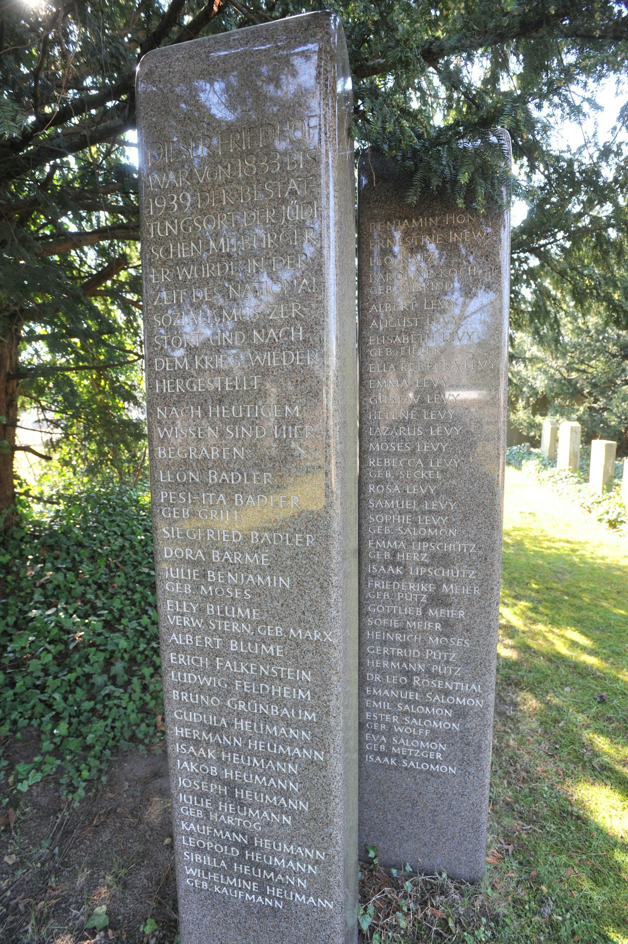 Die Stelen mit den Namen derer, die auf dem Friedhof bestattet sind. Aufnahme vom März 2016 auf dem jüdischen Friedhof.