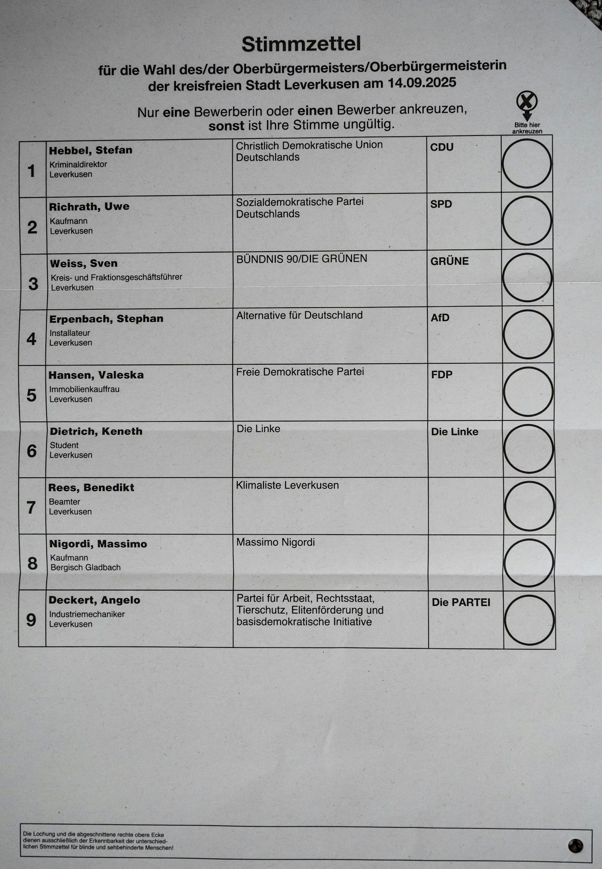 Wahlzettel Oberbürgermeisterwahl.
Das Briefwahlbüro zur Kommunalwahl und zur Wahl des Intergrationsrats ist seit dem 11. august geöffnet. Bild: Ralf Krieger