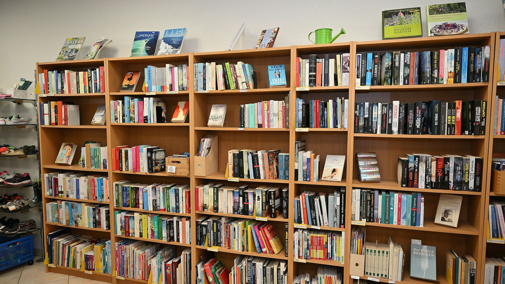 Im Laden steht ein gut sortiertes Bücherregal.