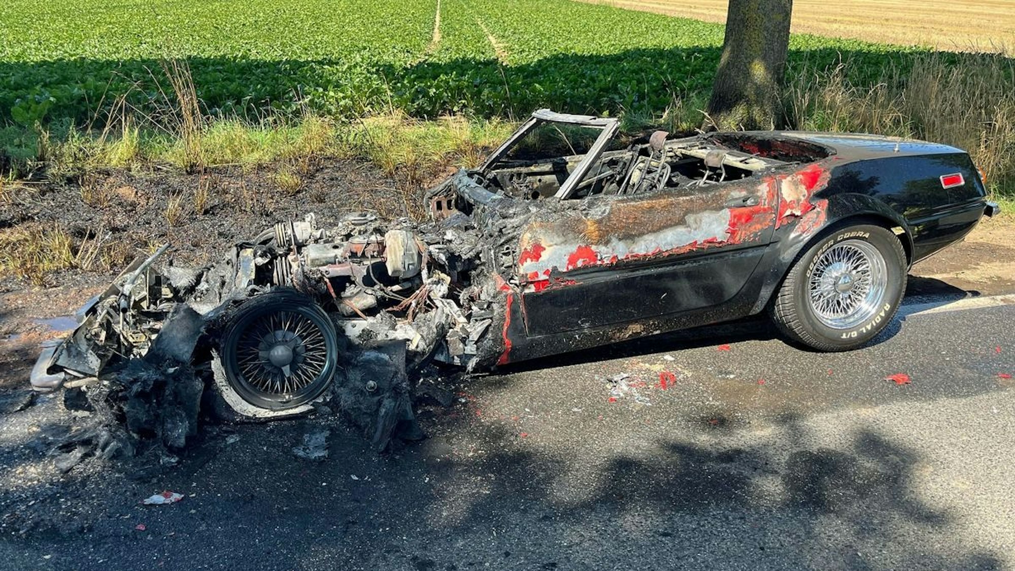 Ein ausgebrannter Oldtimer-Sportwagen steht auf einer Landstraße.