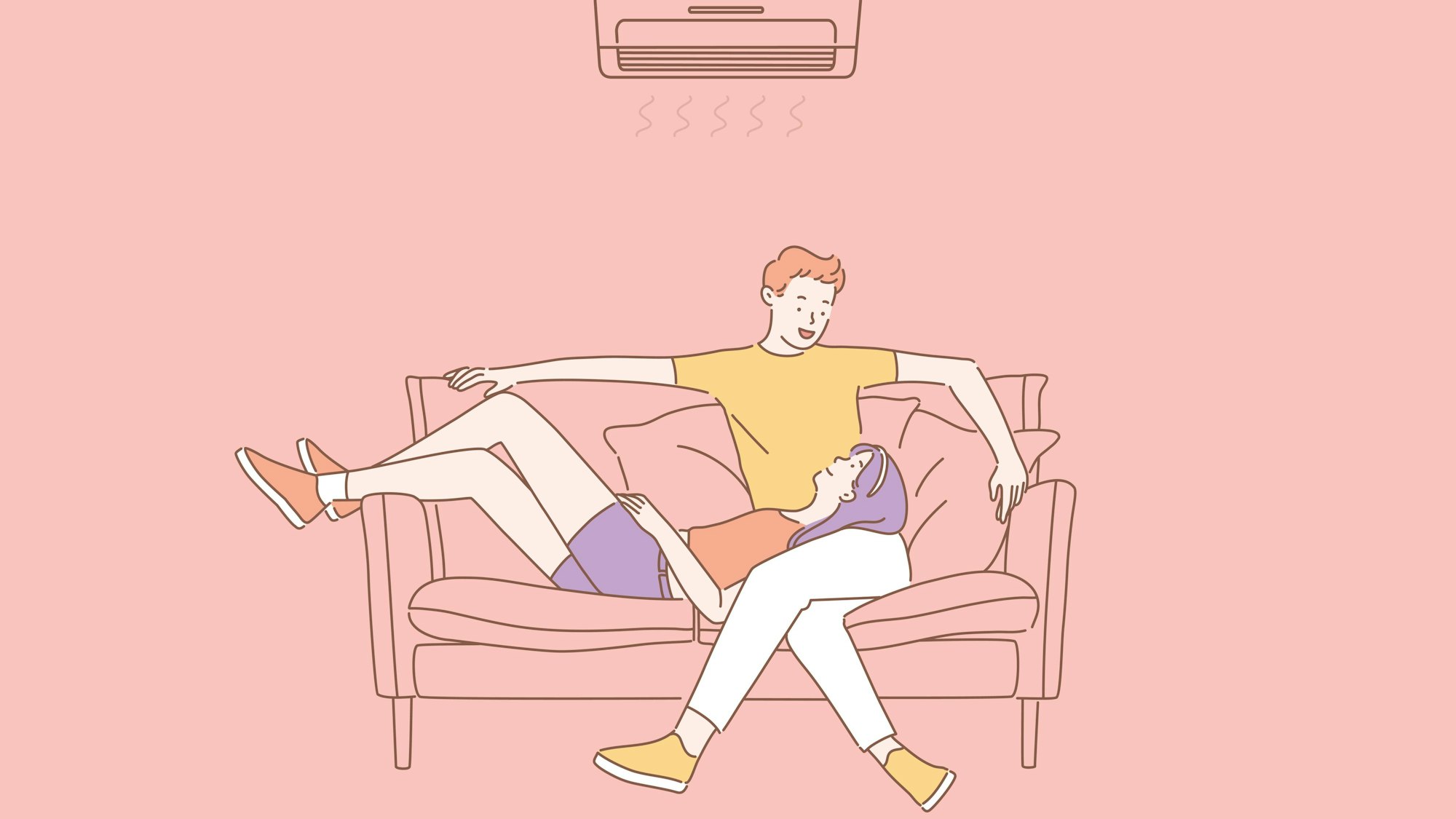 Klimaanlage, Klimatisierung, Komfortkonzept. Air conditioning, climatic control, comfort concept. Couple in love relaxing under the air conditioner at home. Young happy guy and girl enjoy cool on hot summer day at home or in office. Copyright: xZoonar.com/DzianisxVasilyeux 22891089