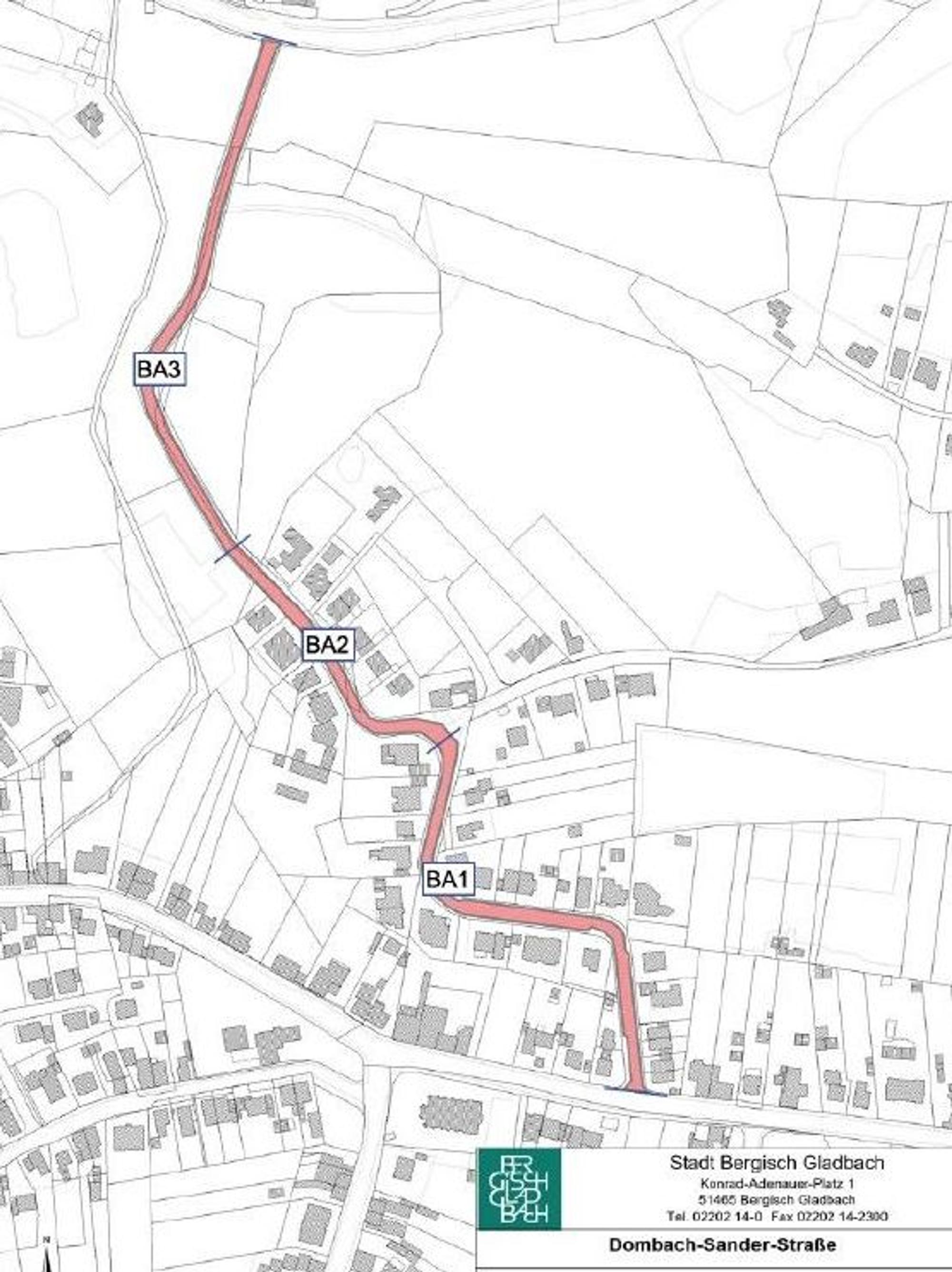 Eine Karte zeigt die drei Bauabschnitte, in denen die Dombach-Sander-Straße saniert werden soll.