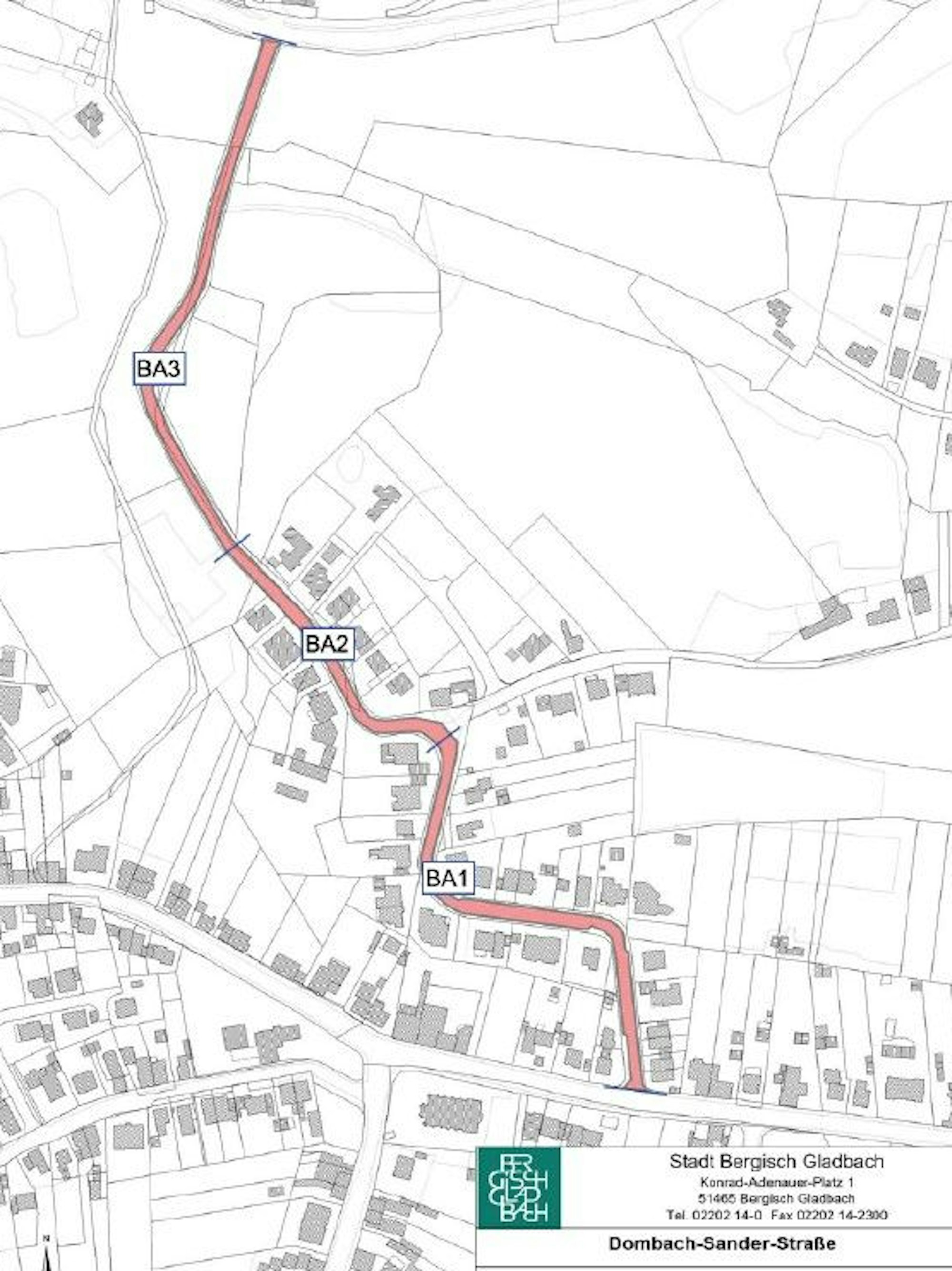 Eine Karte zeigt die drei Bauabschnitte, in denen die Dombach-Sander-Straße saniert werden soll.