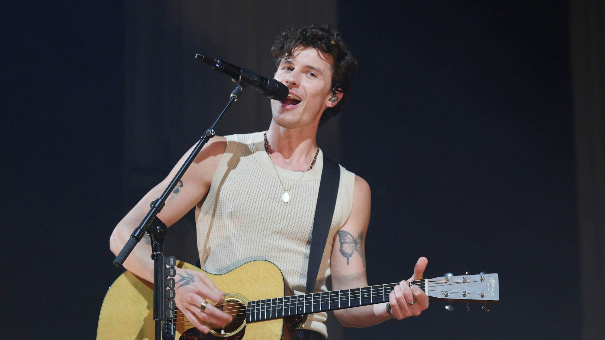 Shawn Mendes beim Konzert auf der Bühne.