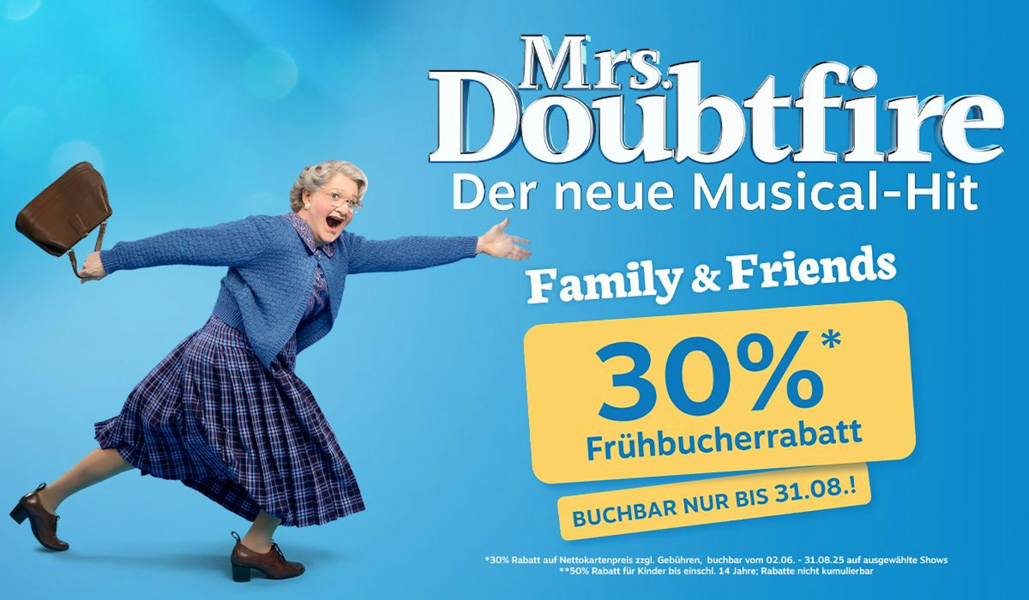 Mrs. Doubtfire mit Handtasche. Musical mit Frühbucher Rabatt.