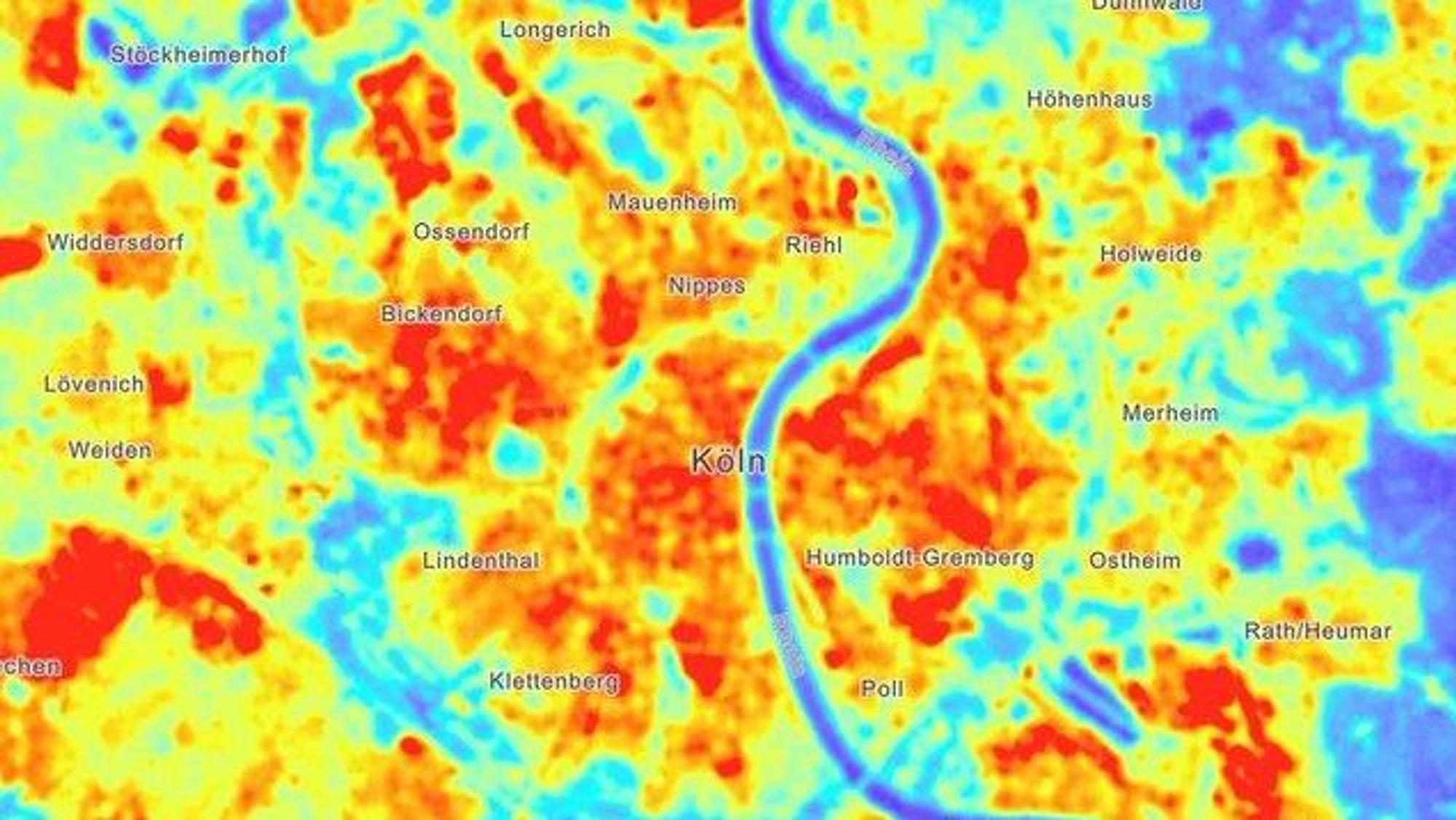 Eine Karte des DLR zeigt die Oberflächentemperatur im Großraum Köln. Bis zu 45 Grad (rot) werden dabei erreicht.