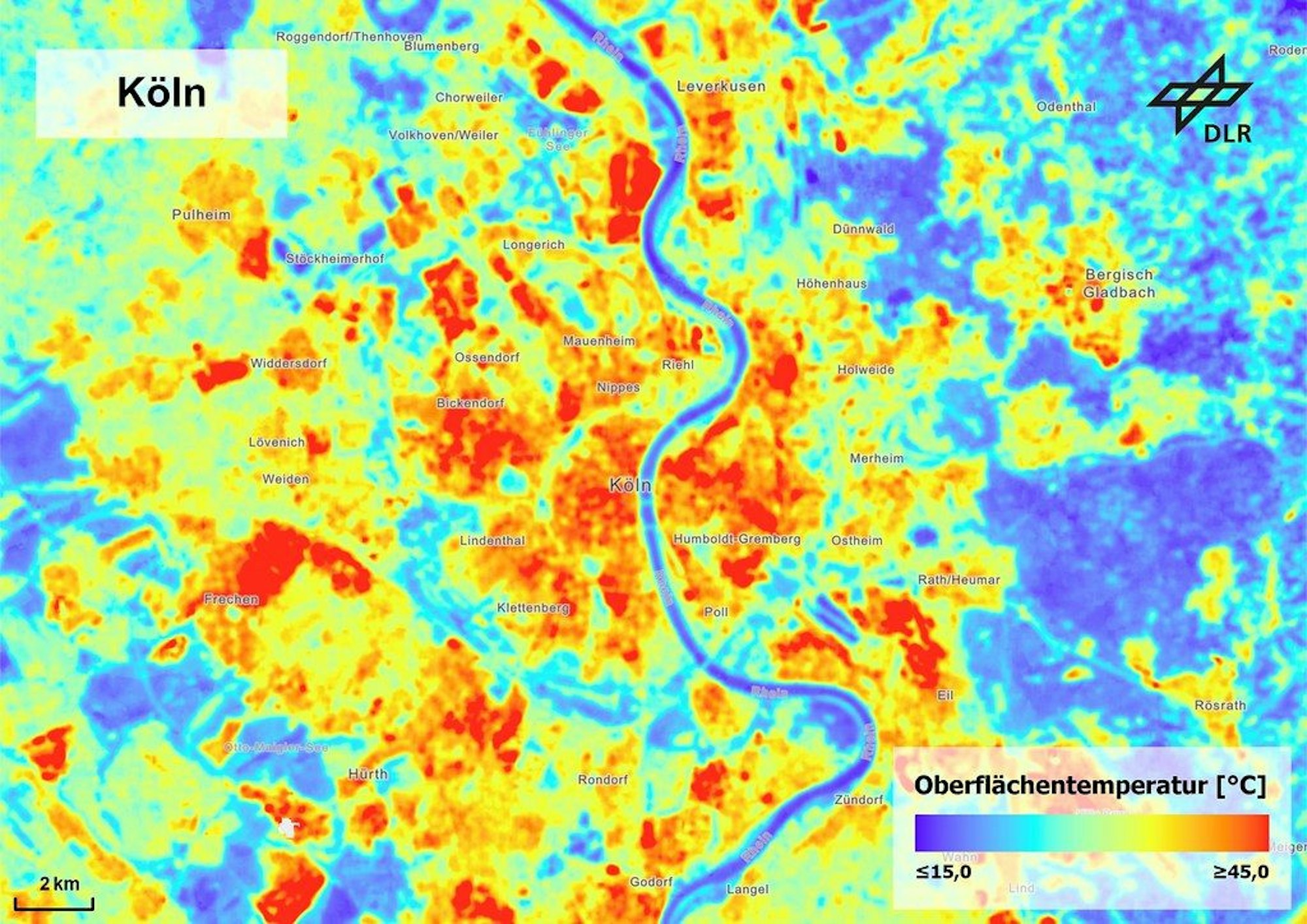 Die Karte zeigt die Oberflächentemperatur im Großraum Köln, Studie aus 2025