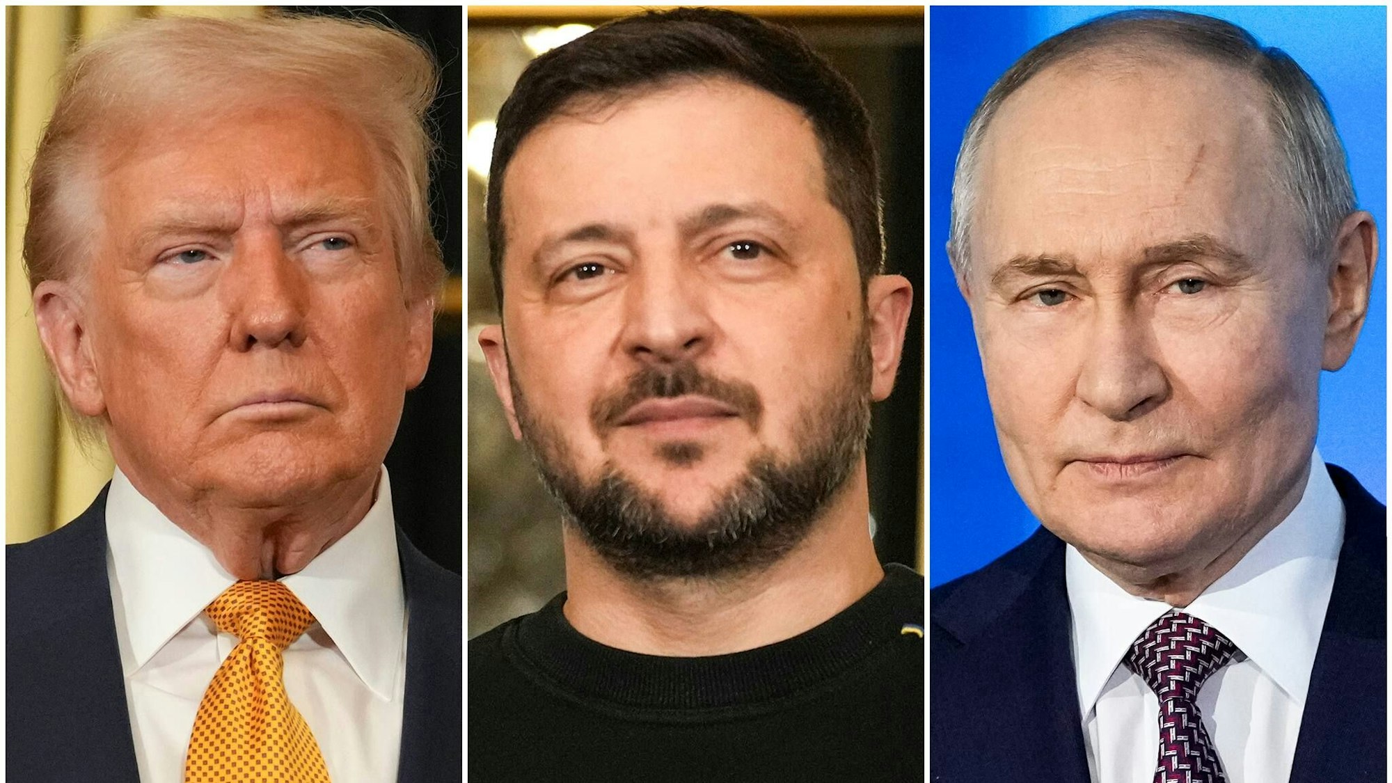 US-Präsident Donald Trump (l), der ukrainische Präsident Wolodymyr Selenskyj (M) und Russlands Präsident Wladimir Putin. /