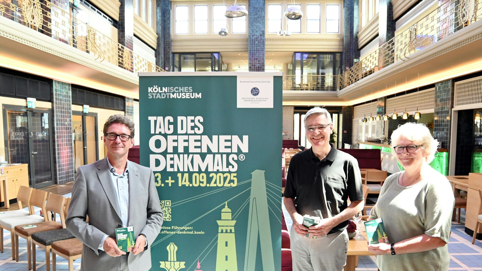 14.08.2025 Köln. Pressekonferenz zum Tag des offenen Denkmals. Am 13. und 14. September 2025 sind wieder zahlreiche, sonst verschlossene Örtlichkeiten für Besuchende geöffnet. V.Li.: Dr. Mathias Hamann, Dr. Thomas Werner, Maria Eicker. Foto: Alexander Schwaiger