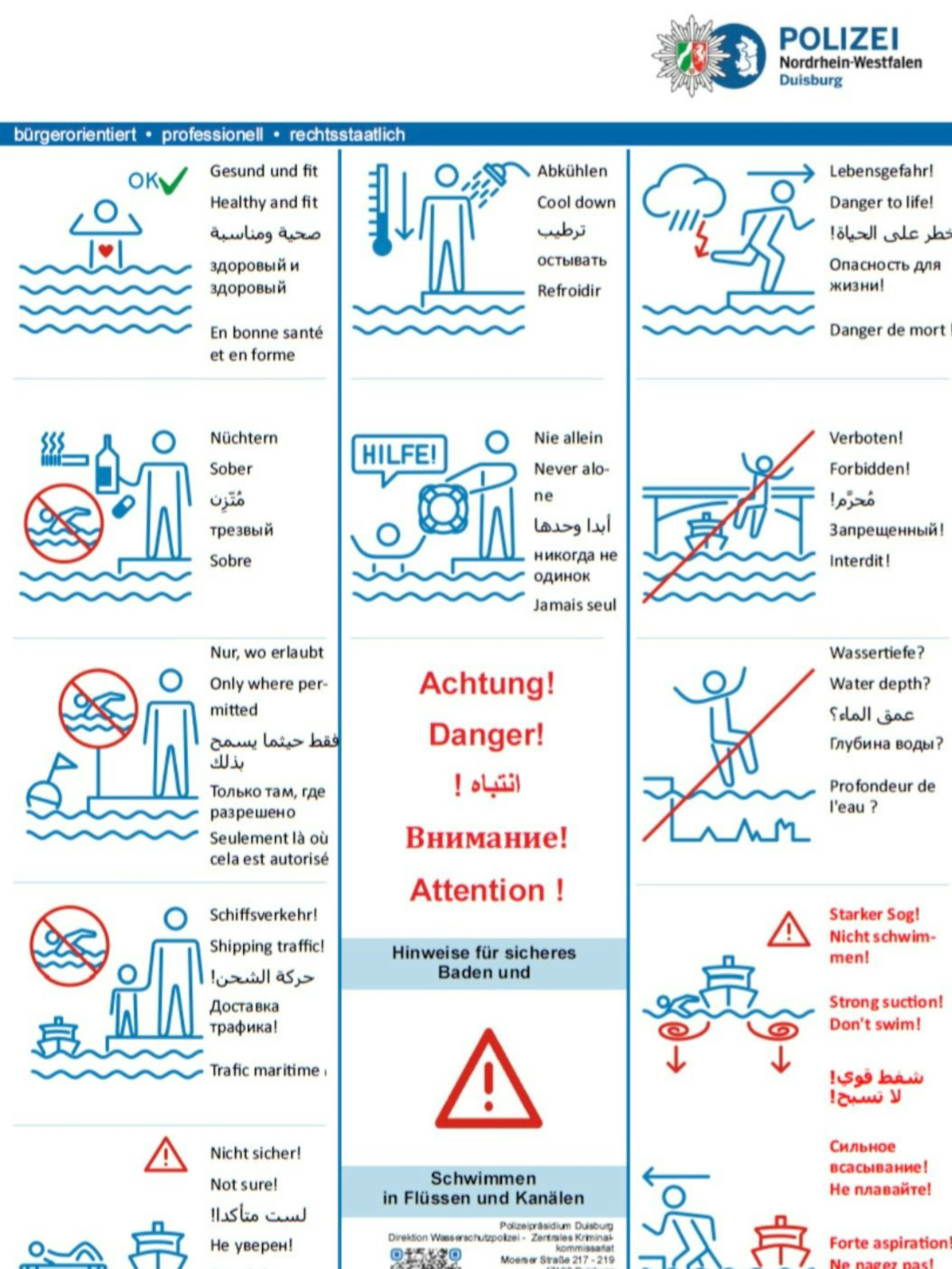 Die Stadt Niederkassel warnt mit diesem Hinweis der Polizei unter anderem bei Instagram vor den Gefahren des Badens im Rhein.