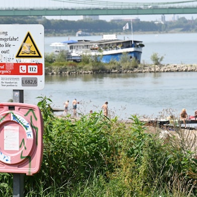 An der Rodenkirchener Riviera weist ein Schild auf die Gefahren beim Baden im Rhein hin.