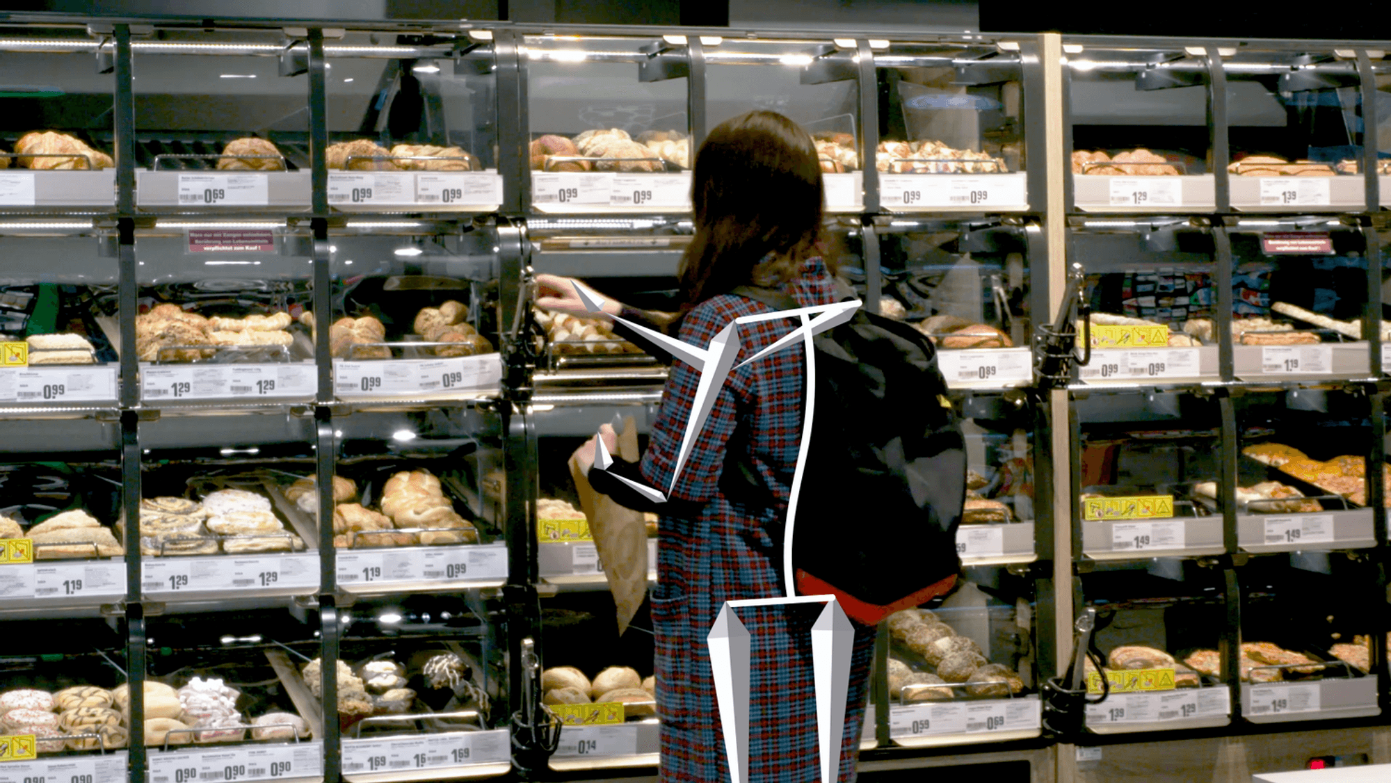 Auch an der Brottheke erkennen sie Videokameras in der Decke, welches Produkt entnommen wird.