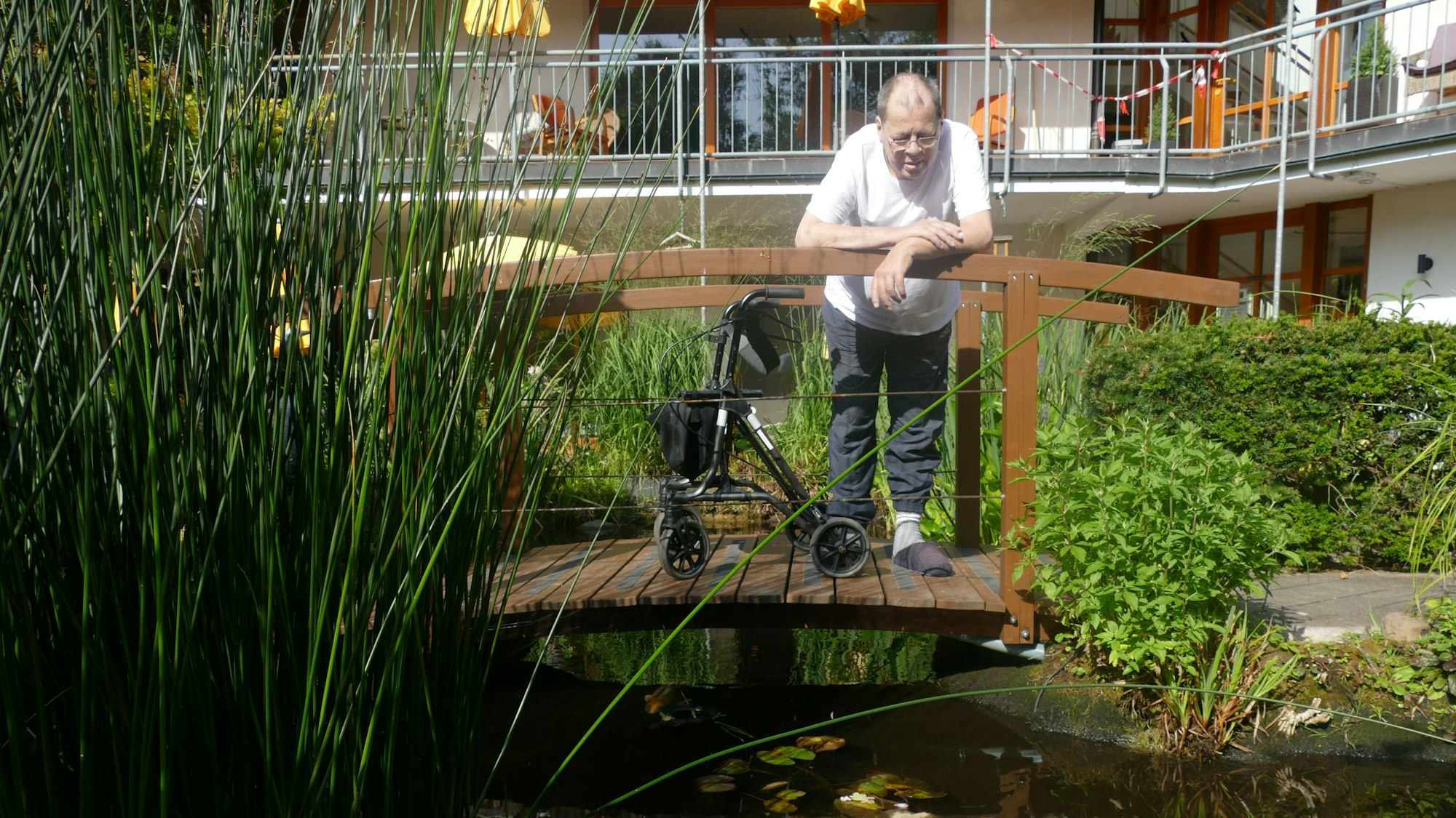Von der Brücke aus beobachtet Klaus Kleintjes gerne die Zierfische im Gartenteich.