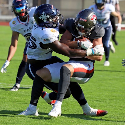 29.06.2025, xsscx, Köln, American Footballl, Cologne Centurions - Paris Musketeers, EFL, Südstadion, Saison 2025: Wide Receiver Austin Osborne 17 von Cologne Centurions Nordrhein-Westfalen Deutschland *** 29 06 2025, xsscx, Cologne, American Footballl, Cologne Centurions Paris Musketeers, EFL, Südstadion, Saison 2025 Wide Receiver Austin Osborne 17 von Cologne Centurions Nordrhein Westfalen Germany