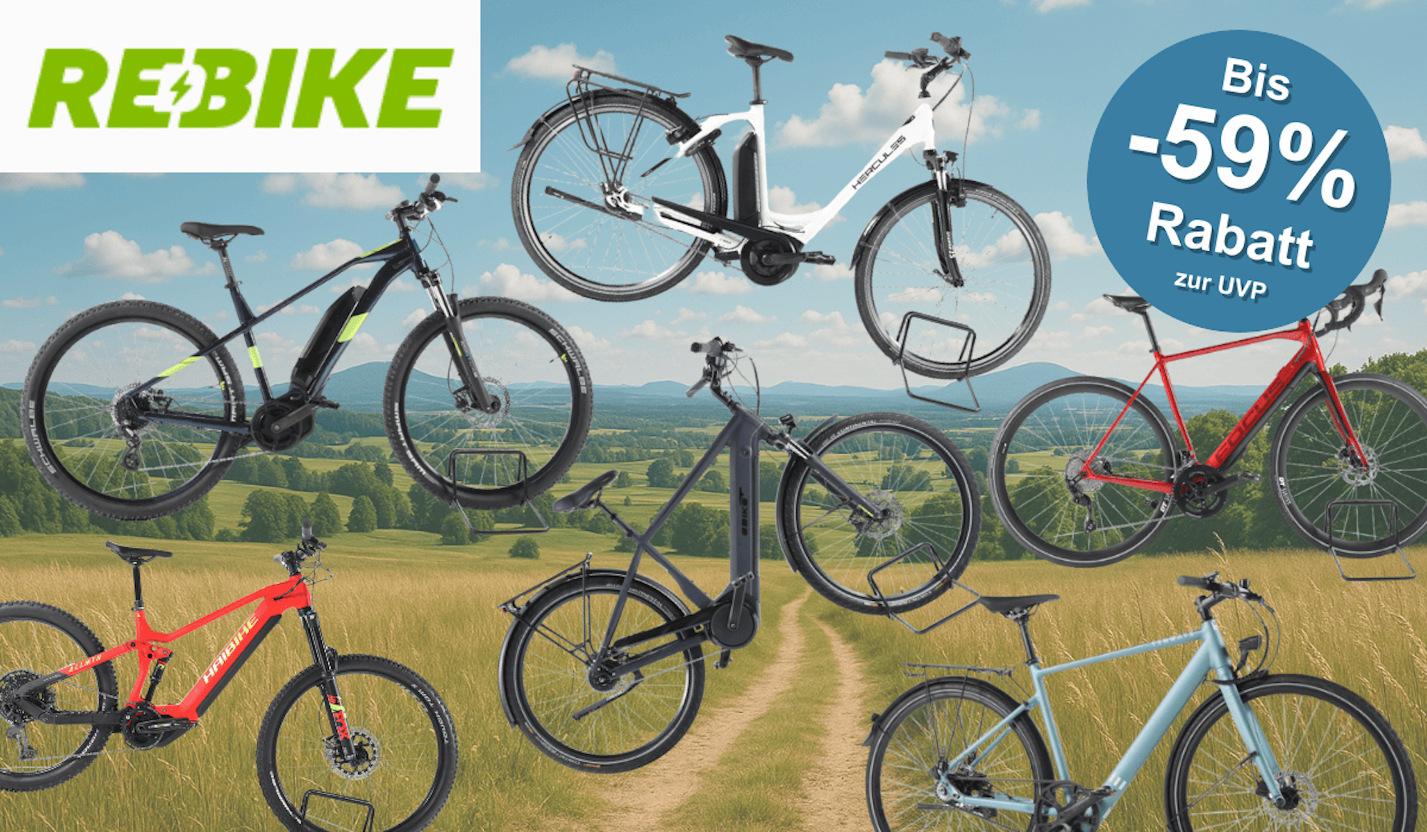 Anordnung verschiedener Rebike Fahrräder vor einem sommerlichen Hintergrund.