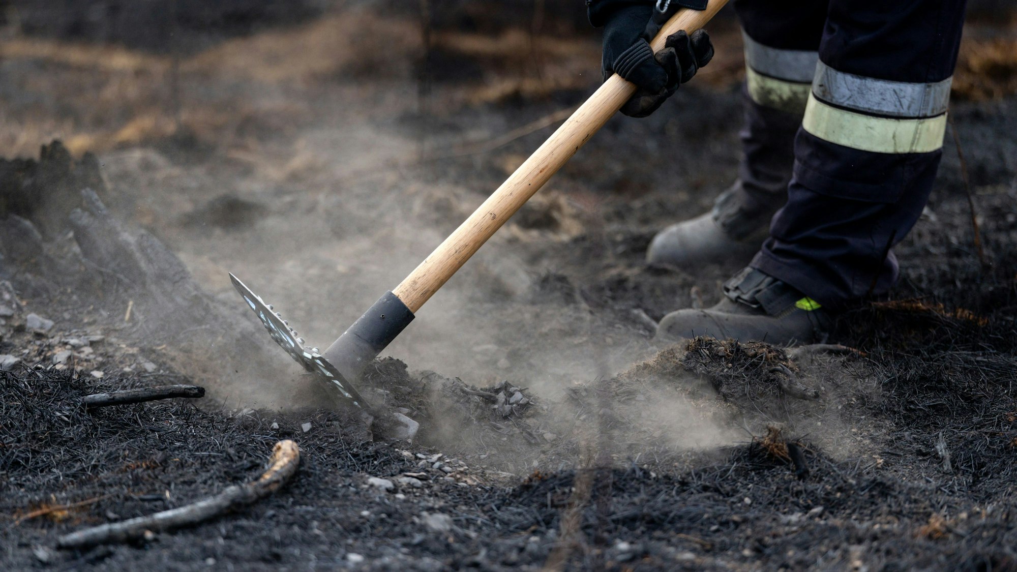 Ein Feuerwehrmann bekämpft versteckte Glutnester beim Waldbrand.