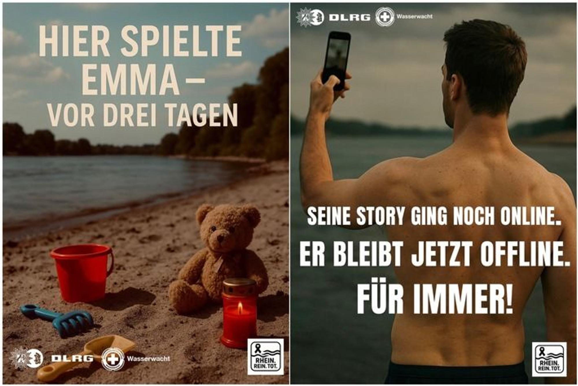 Das Bild zeigt zwei Plakate, die auf die Gefahren im Rhein hinweisen.