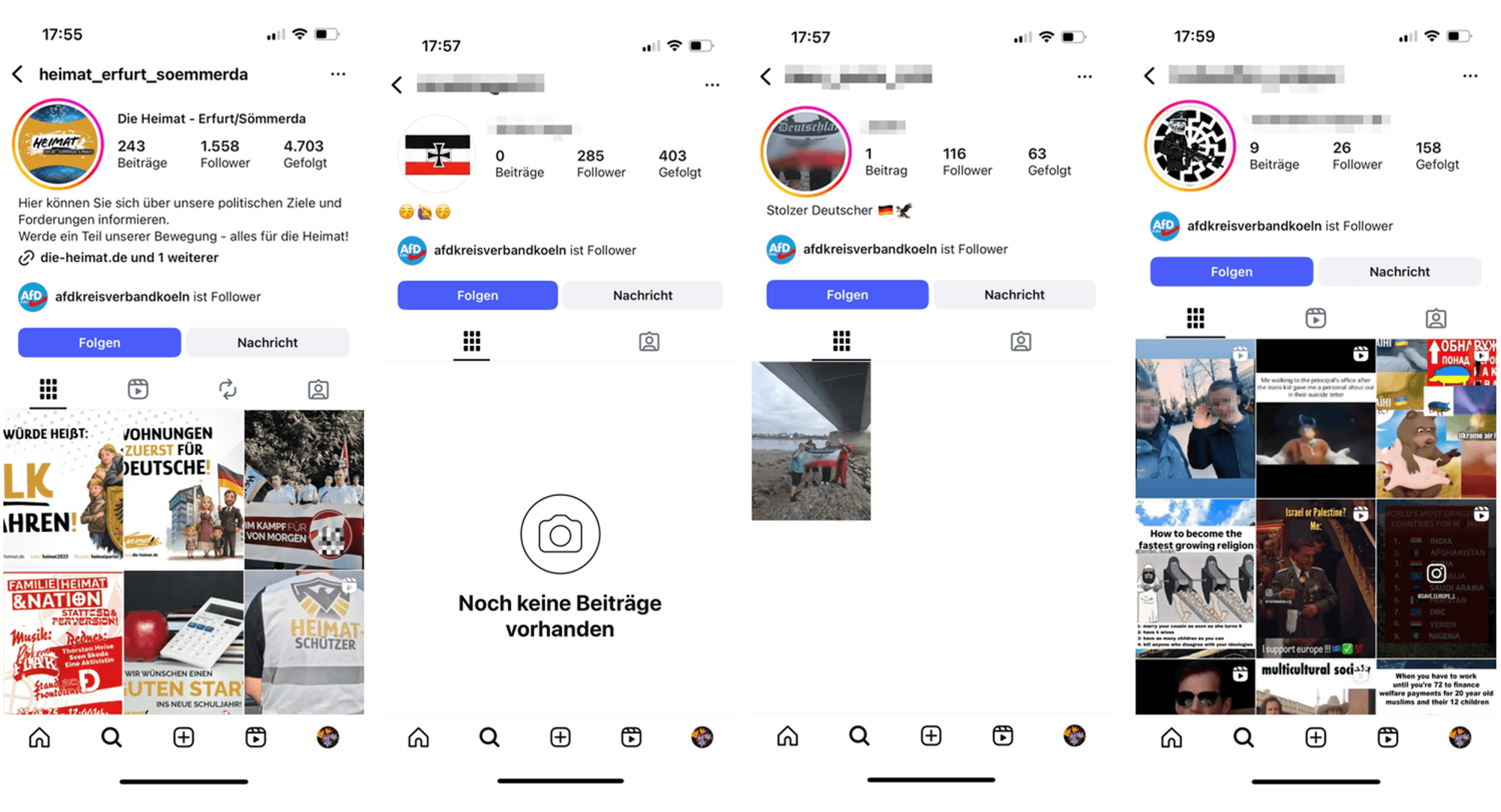 Die AfD Köln folgte auf Instagram mehreren Neonazi-Kanälen, darauf angesprochen, entfolgte sie einem Teil der Accounts: Aufnahmen vom 15. August 2025.