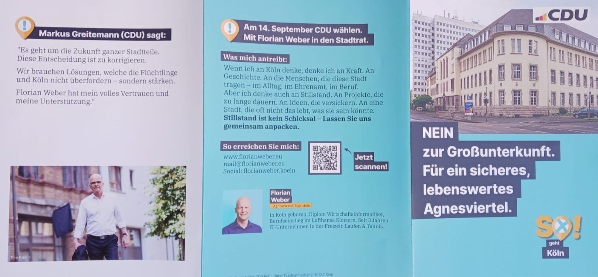 Auf einem Wahlkampfflyer kritisiert Florian Weber (CDU) die geplante Erstaufnahmeeinrichtung für Geflüchtete im Agnesviertel. Bricht er damit ein Fairnessabkommen der demokratischen Parteien im Wahlkampf?