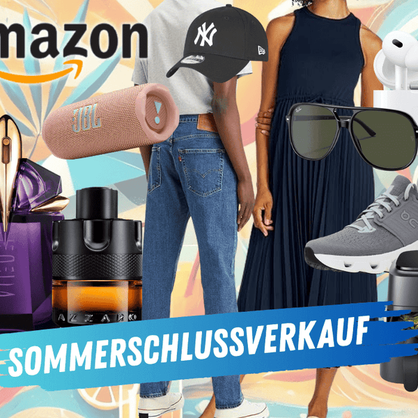 Darstellung verschiedener Produkte wie Parfum, JBL Box, Airfryer, Airpods, Sonnenbrille und mehr vor einem sommerlichen Hintergrund.