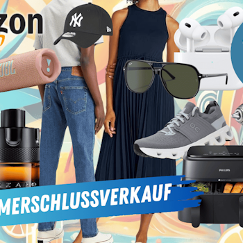 Darstellung verschiedener Produkte wie Parfum, JBL Box, Airfryer, Airpods, Sonnenbrille und mehr vor einem sommerlichen Hintergrund.