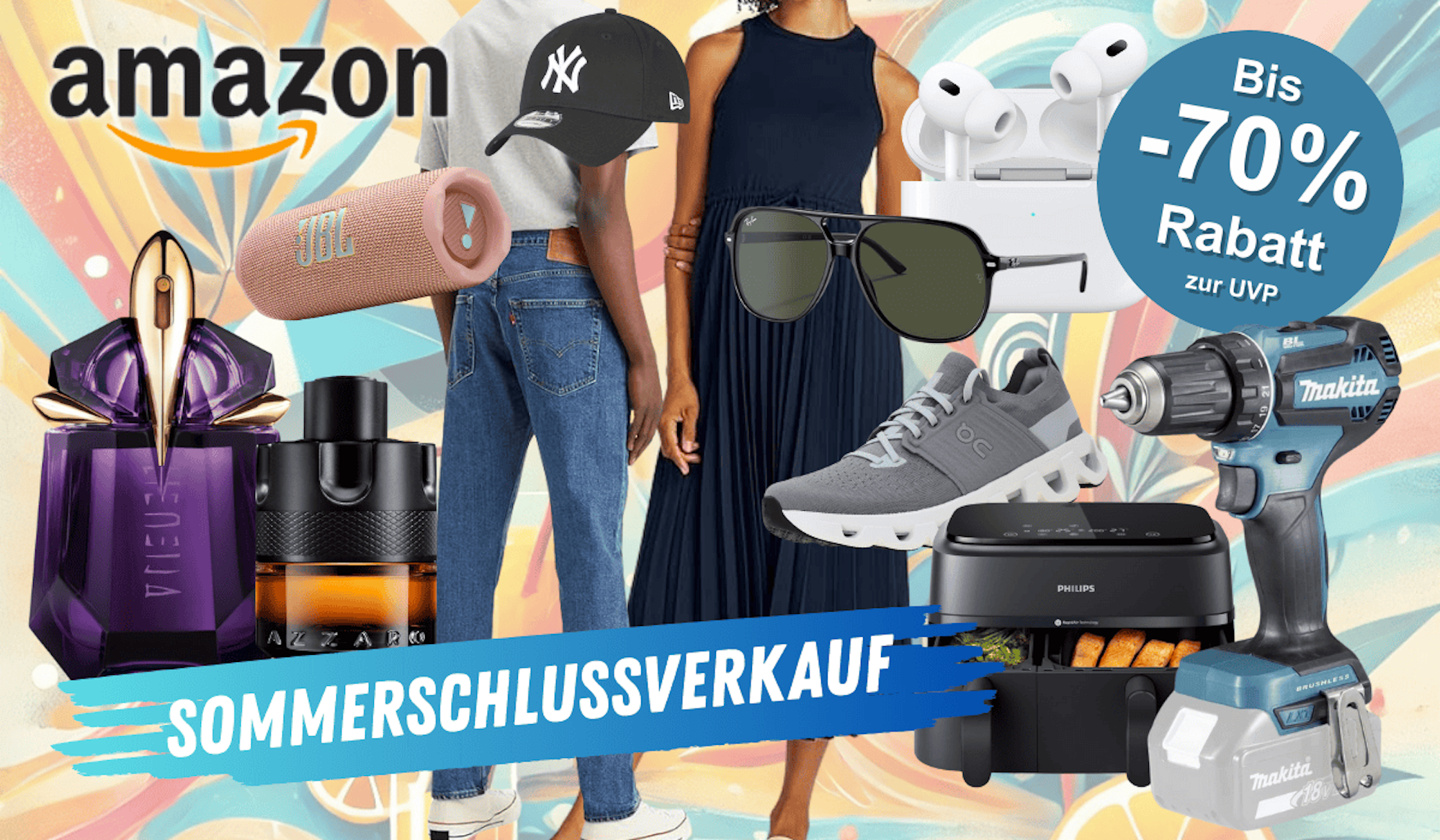 Darstellung verschiedener Produkte wie Parfum, JBL Box, Airfryer, Airpods, Sonnenbrille und mehr vor einem sommerlichen Hintergrund.