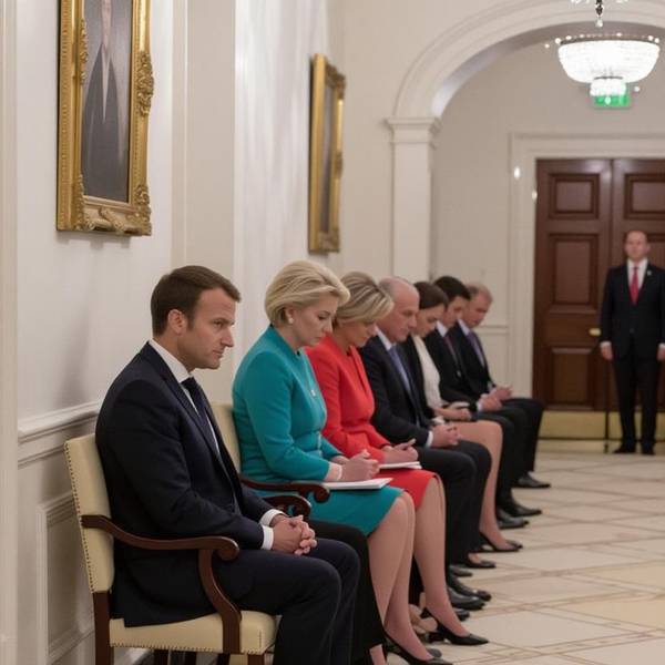 Macron und von der Leyen sitzen auf einem gefälschten KI-Bild auf Stühlen.