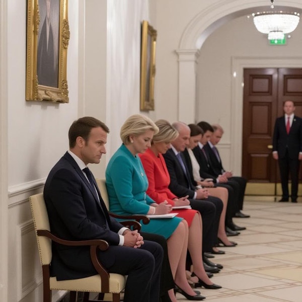 Macron und von der Leyen sitzen auf einem gefälschten KI-Bild auf Stühlen.