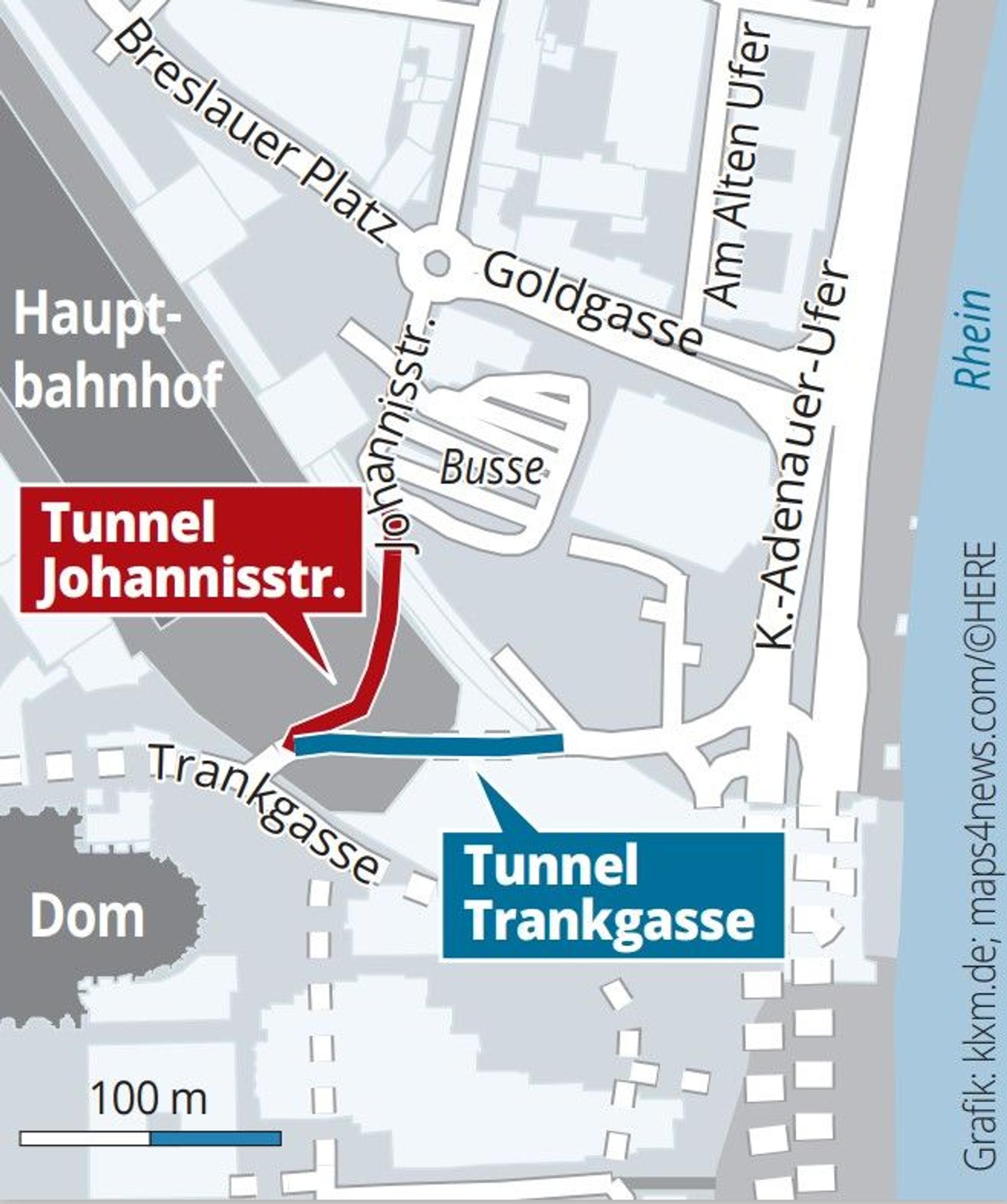 Die Grafik zeigt die beiden Tunnel am Welterbe Dom.