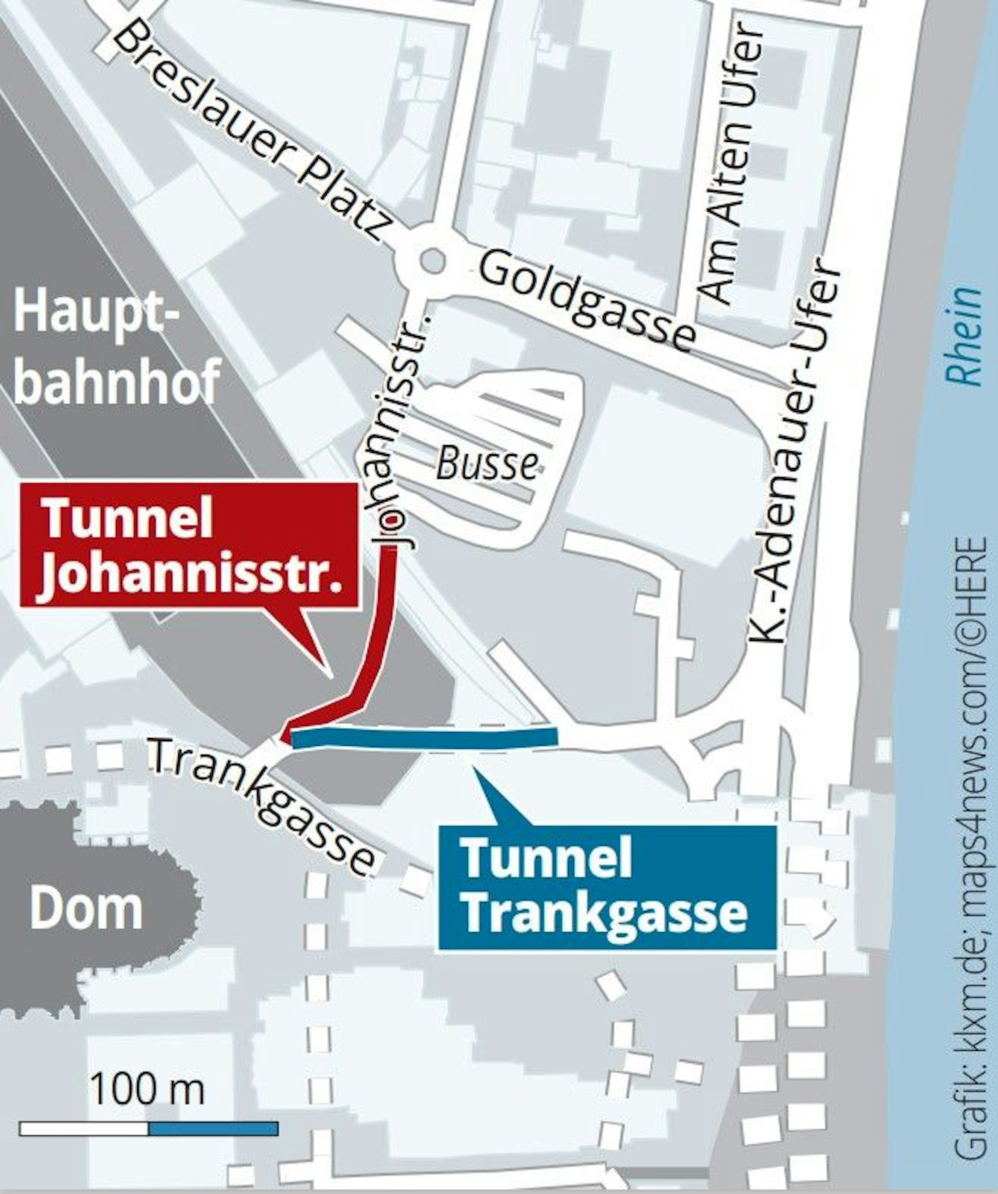 Die Grafik zeigt die beiden Tunnel am Welterbe Dom.