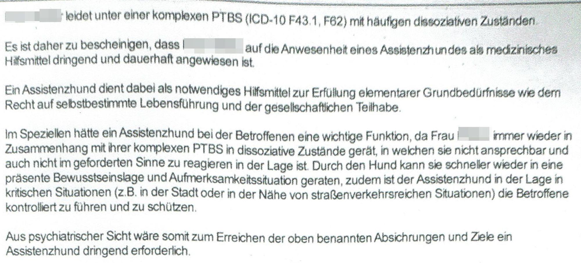 Das ärztliche Attest des Neurologen bescheinigt die Erforderlichkeit eines Assistenzhundes
