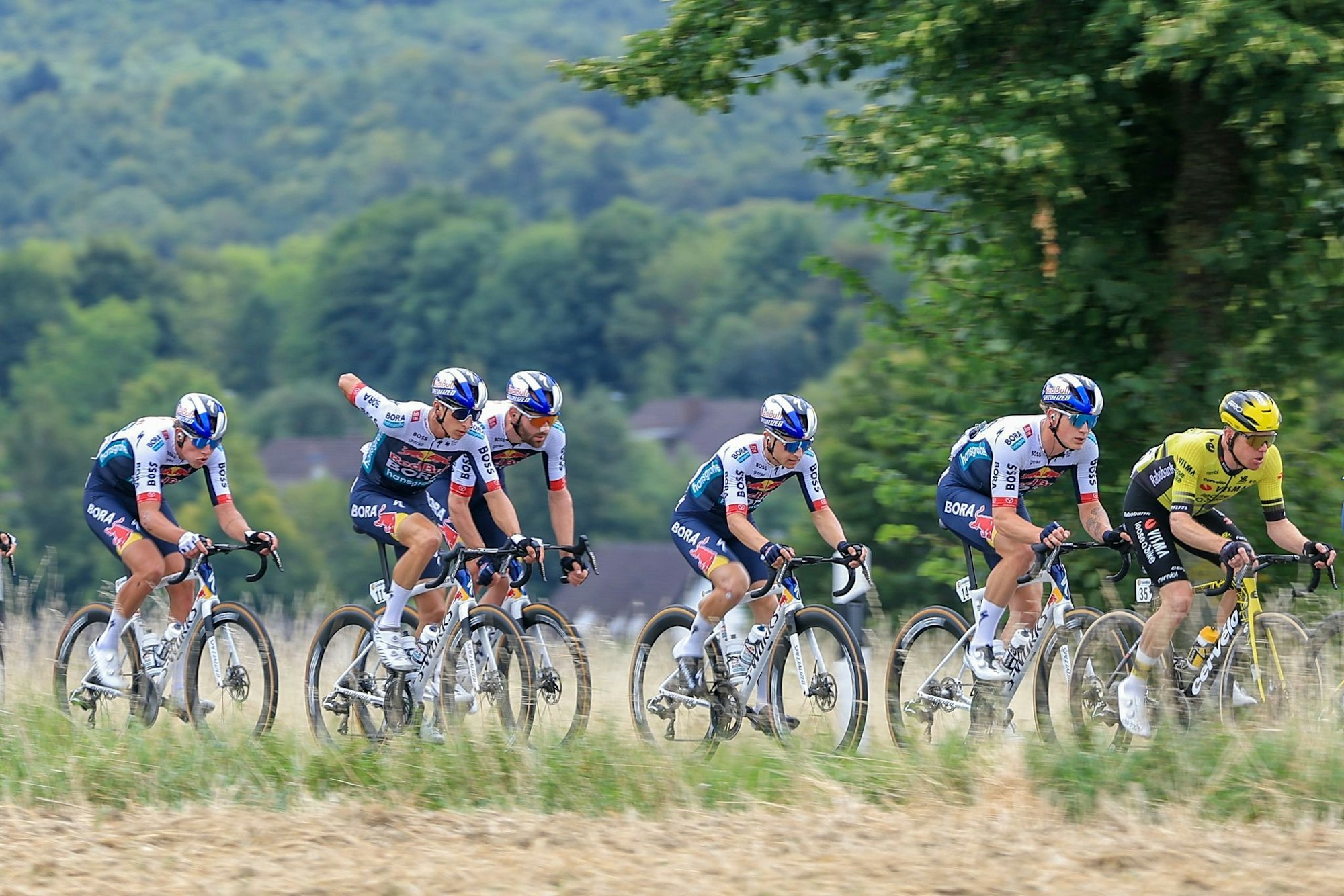 Das Fahrerfeld um Florian Lipowitz (2.v.l.) bei der zweiten Etappe der Deutschland Tour.