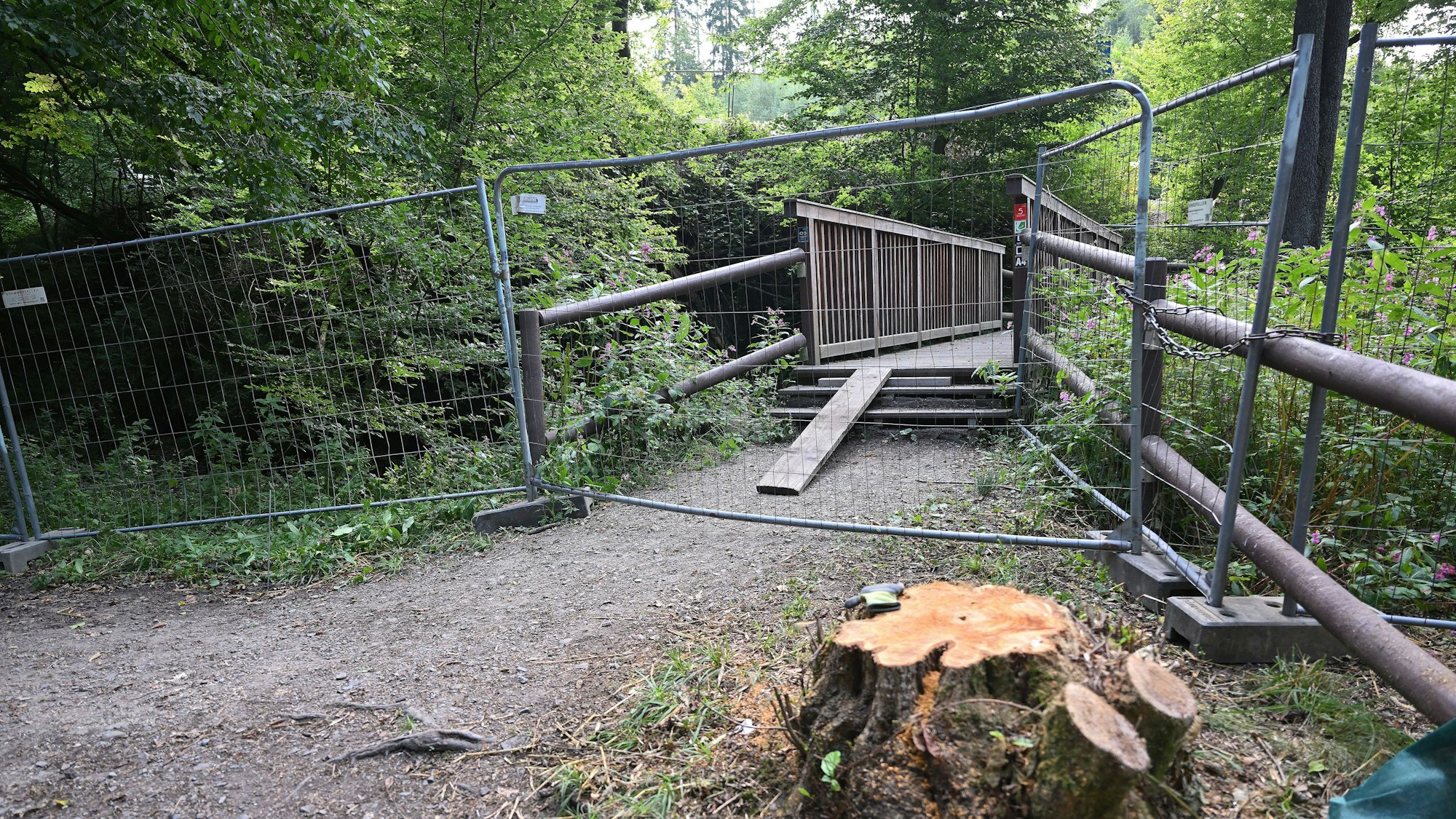 Eine hölzerne Brücke führt über einen Bach. Sie ist mit Bauzäunen abgesperrt.