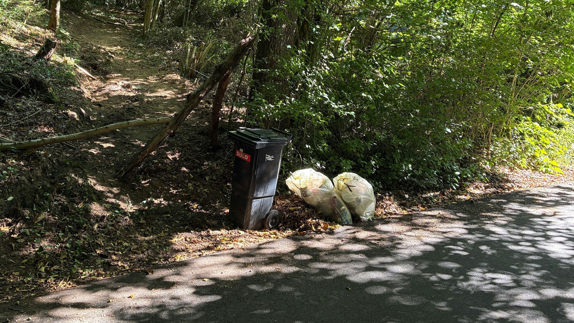 Vor dem Weg durch den Wald wird der Müll abgestellt. Es ist eine von einer Reihe provisorischer Lösungen nach der Sperrung.