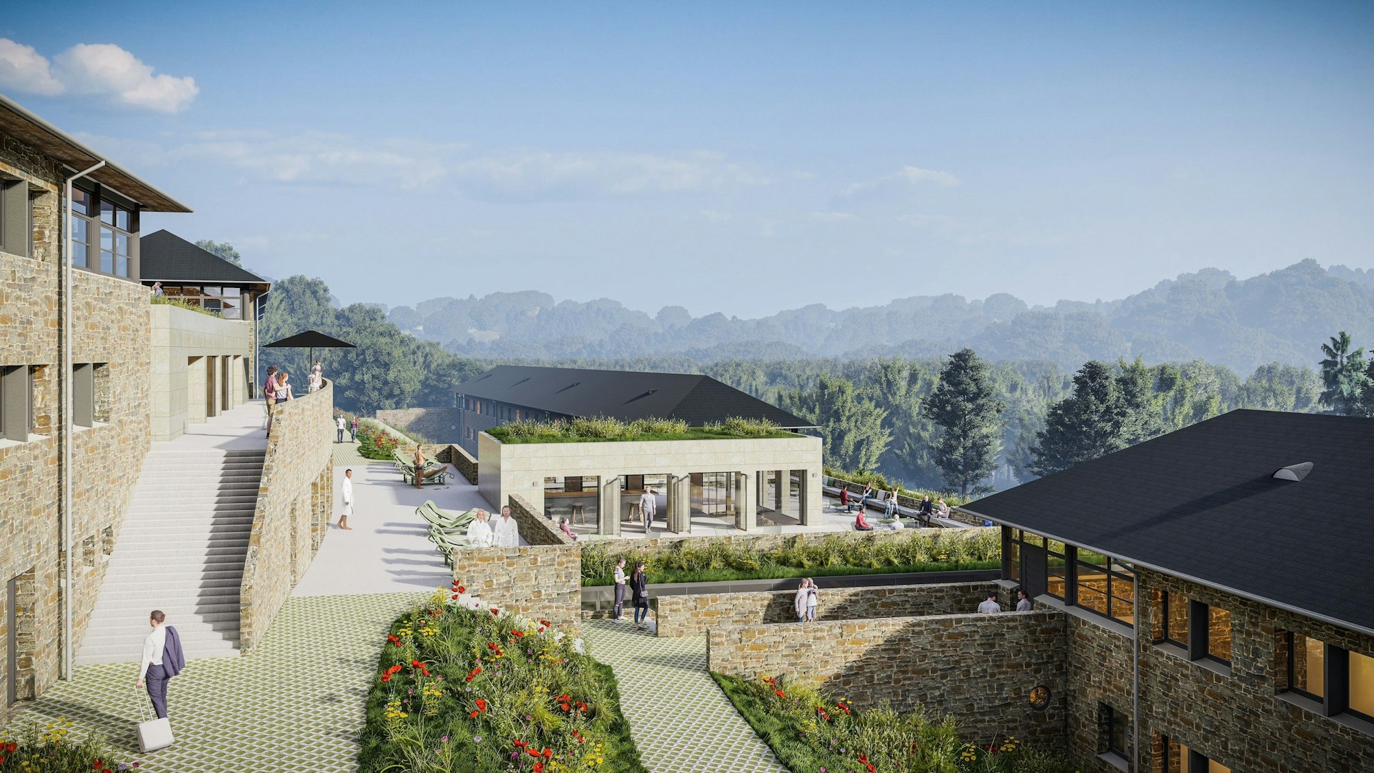 Die Visualisierung zeigt Teile des Häuser und den Verbindungsbau in der Mitte.