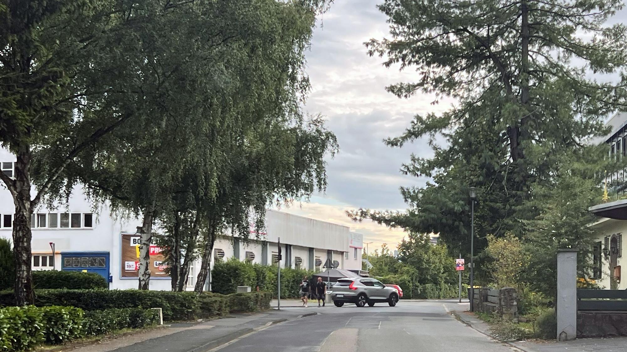 An einer Straße steht ein großes weißes Gebäude, daneben Bäume.