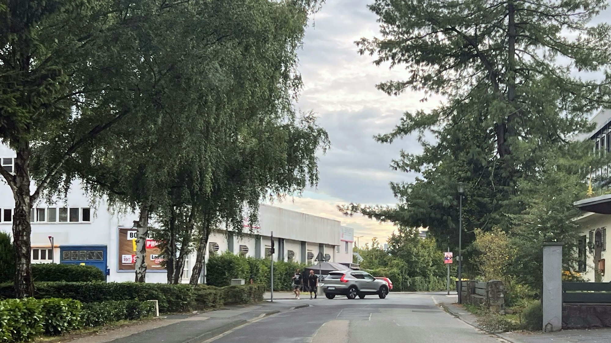 An einer Straße steht ein großes weißes Gebäude, daneben Bäume.