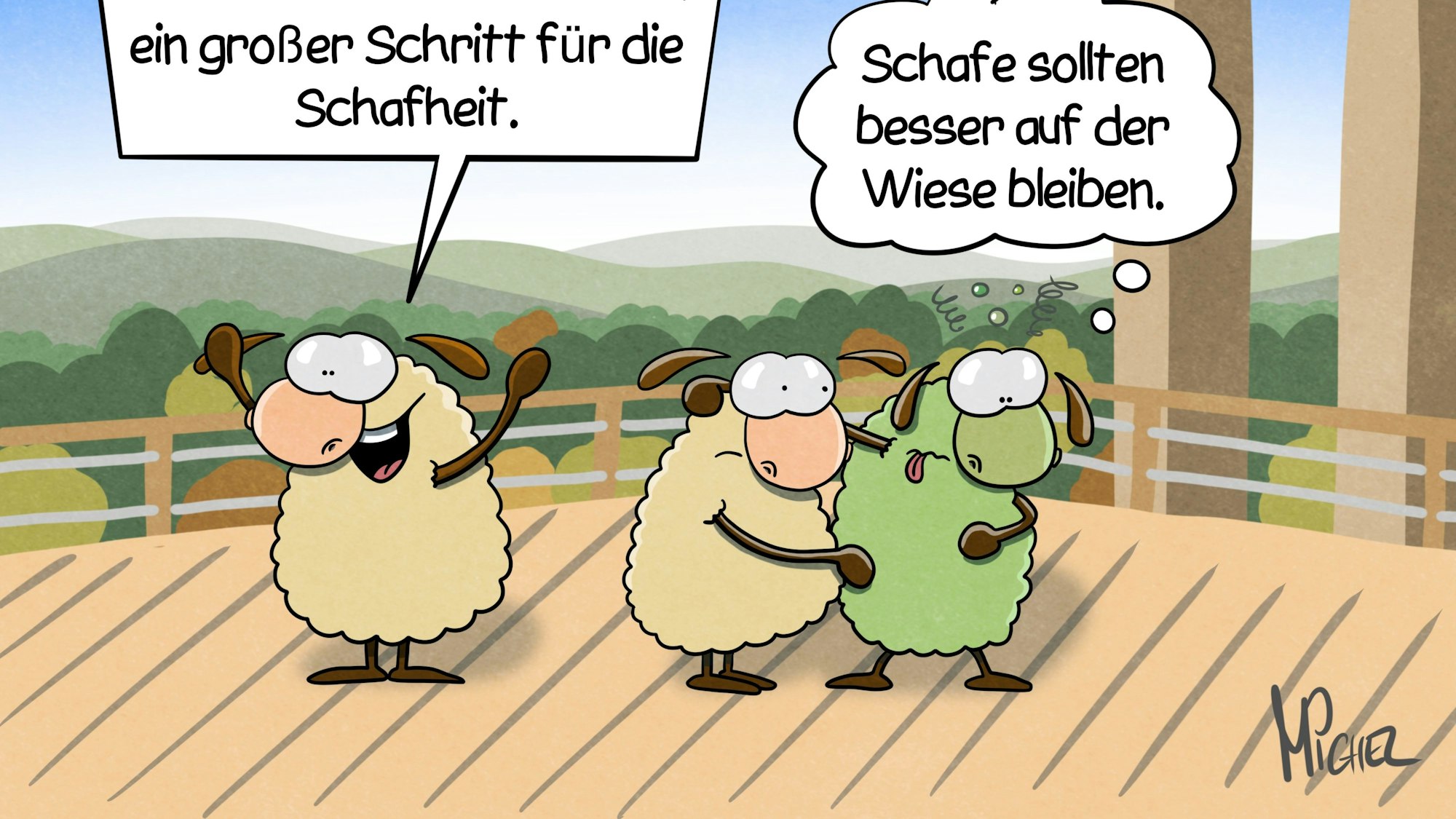 Drei Schafe stehen auf dem Holzturm von Panarbora. Ein Schaf ist ganz grün und denkt: „Schafe sollten besser auf der Wiese bleiben.“ Ein anderes Schaf reißt die Hände in die Luft und ruft: „Seht nur, dieser Ausblick! Ein kleiner Schritt für uns, ein großer Schritt für die Schafheit.“