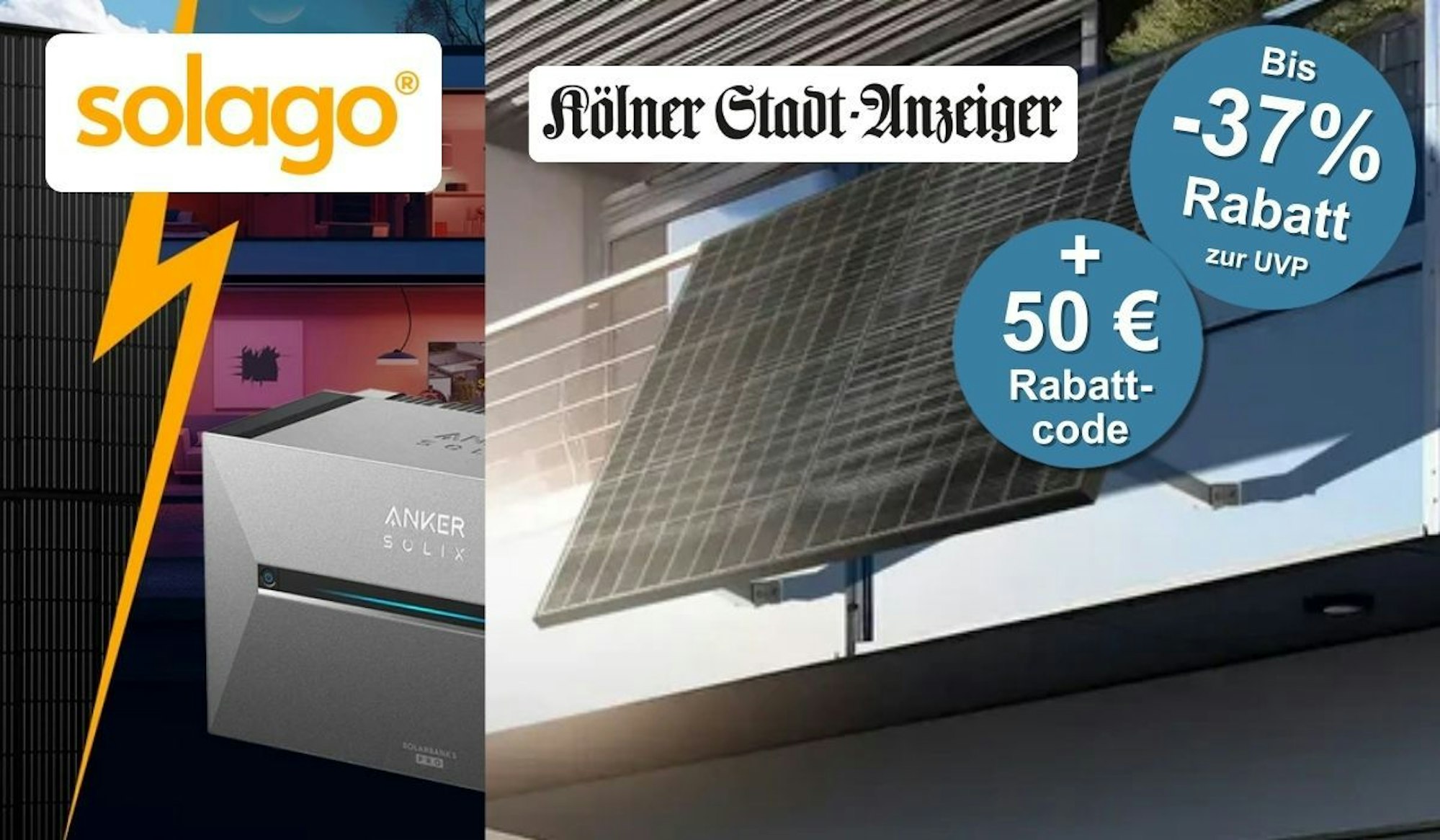 Solago Balkonkraftwerk-Komplettset an einem Gitterbalkon angebracht, daneben Anker Solix 3 Pro Solarbank-Speicher. Info über exklusiven KStA-Rabattcode im Wert von 50 €.