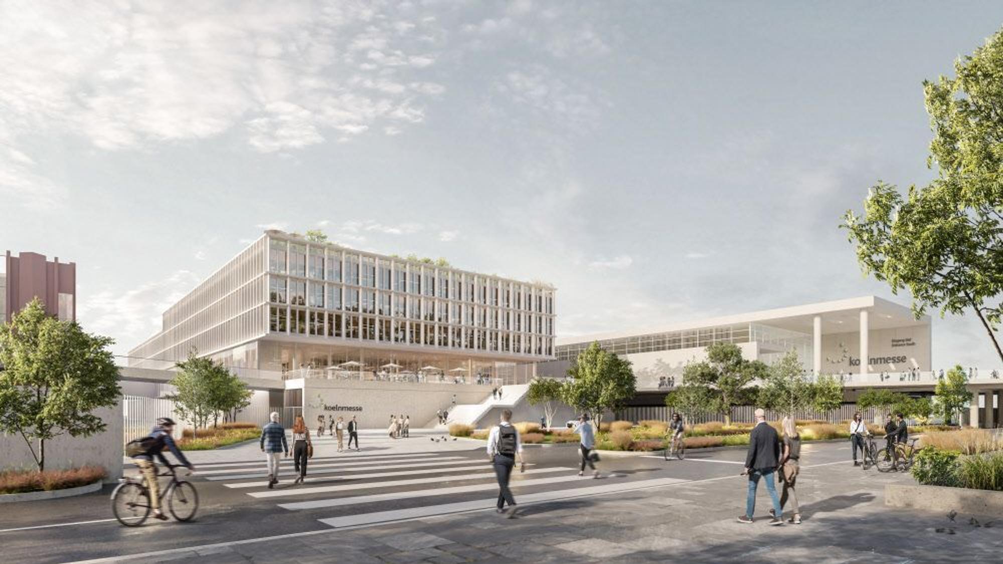 Die Visualisierung des möglichen Verwaltungsneubaus der Messe am Standort der heutigen Halle 3 präsentierte das Unternehmen im September 2023.