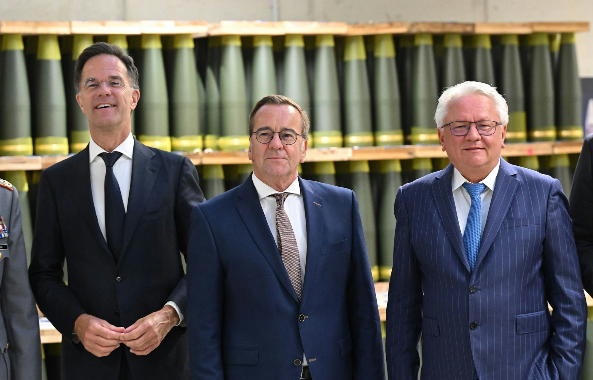 Nato-Generalsekretär Mark Rutte, Verteidigungsminister Boris Pistorius und Rheinmetall-Chef Armin Papperger.