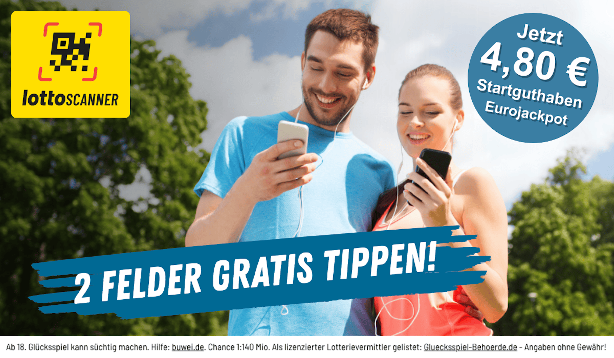 Auf dem Bild ist ein junges Paar zu sehen. Beide halten ihr Handy in der Hand und schauen lächelnd darauf. Zudem zeigt das Bild das Logo von Lotto Scanner.
