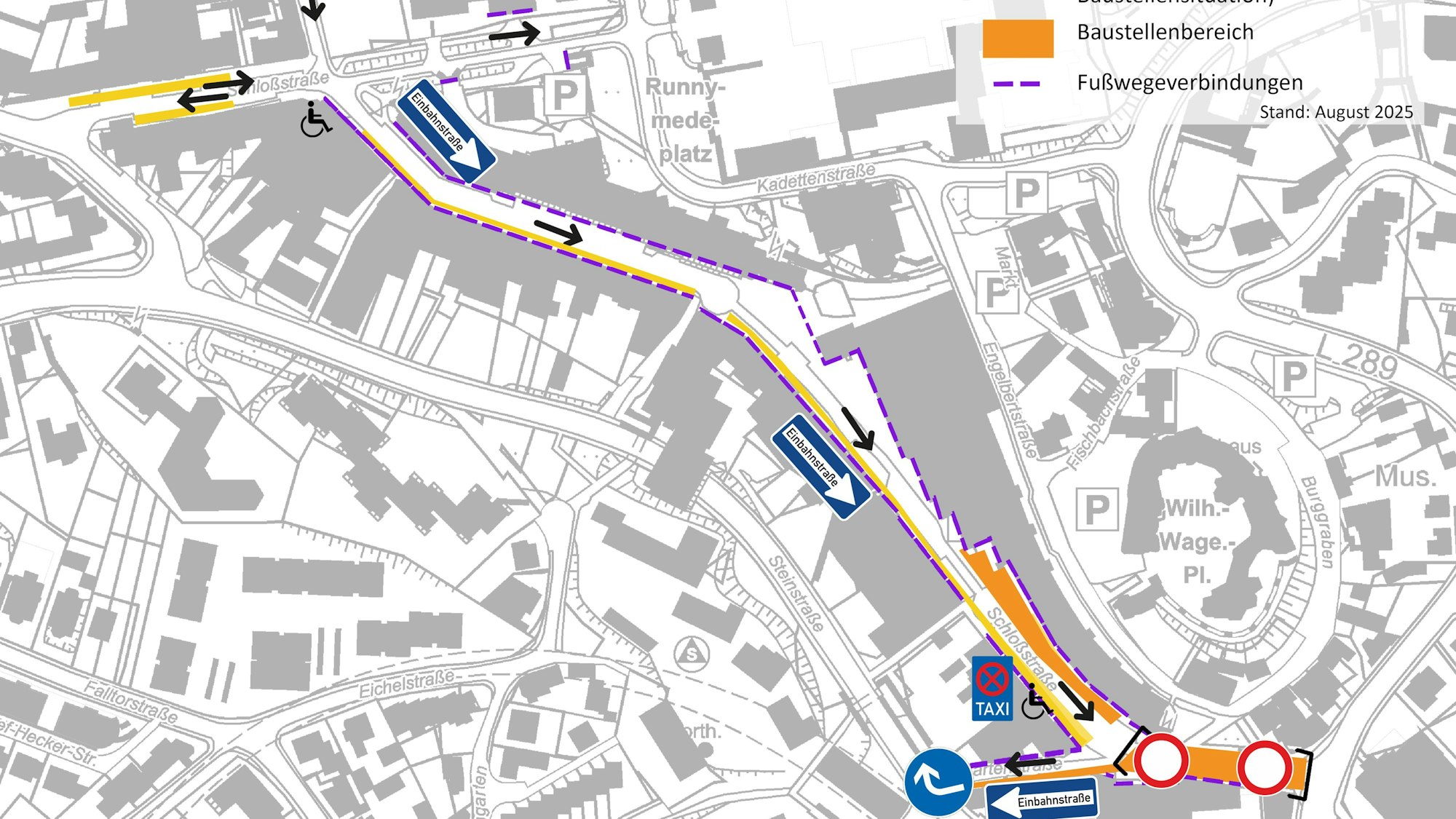 Auf einem Plan ist die Verkehrsführung mit Pfeilen dargestellt.