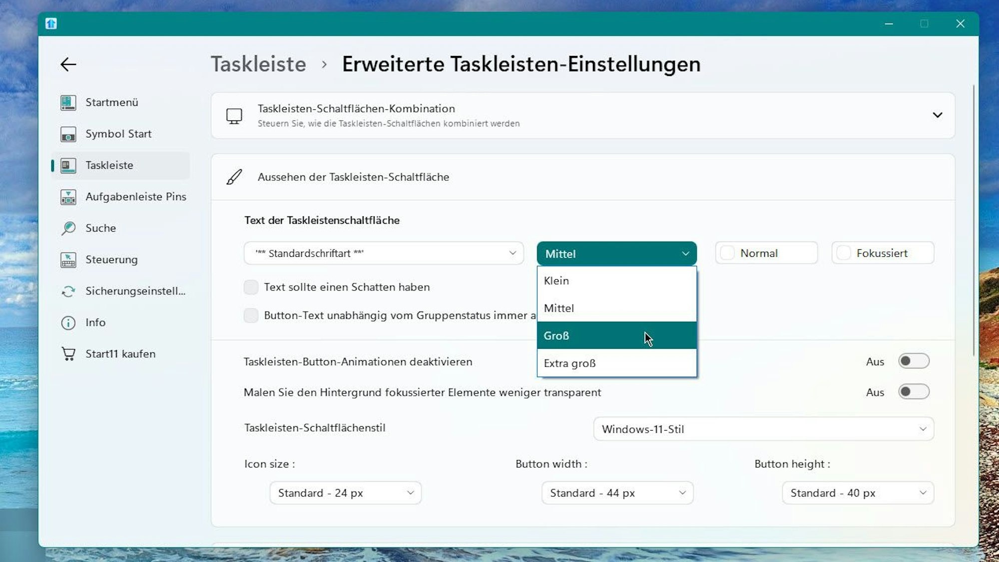 Bedienoberfläche des Programms Start11