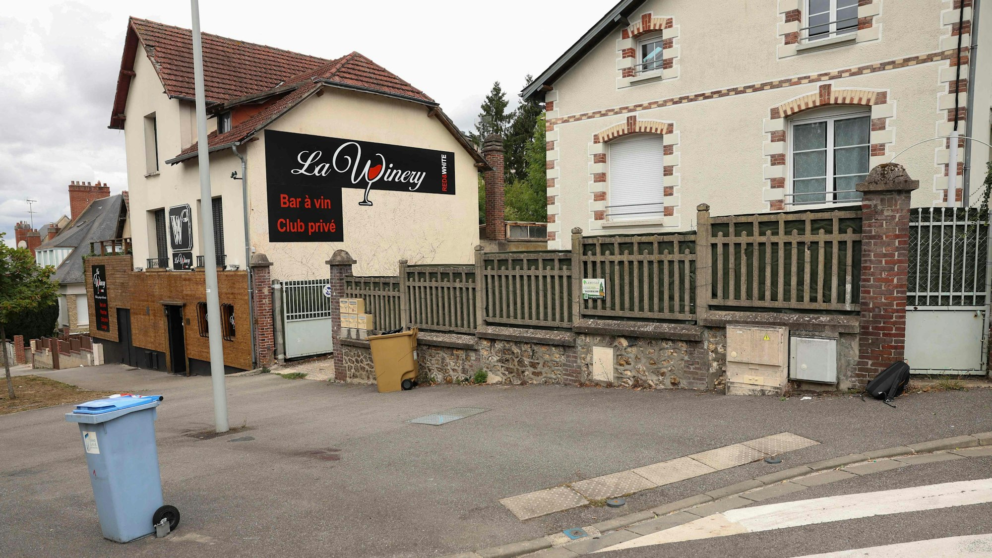 This photograph taken on August 30, 2025, shows blood stains on the road outside the bar 'La Winery', the site of a deadly car ramming in the northwestern French town of Evreux in Normandy. A man intentionally ploughed his car into a crowd outside a wine bar in Evreux after an altercation in the early hours of August 30, 2025, killing one person and injuring five others, two of them critically, prosecutors told AFP. (Photo by Xavier GALIANA / AFP)