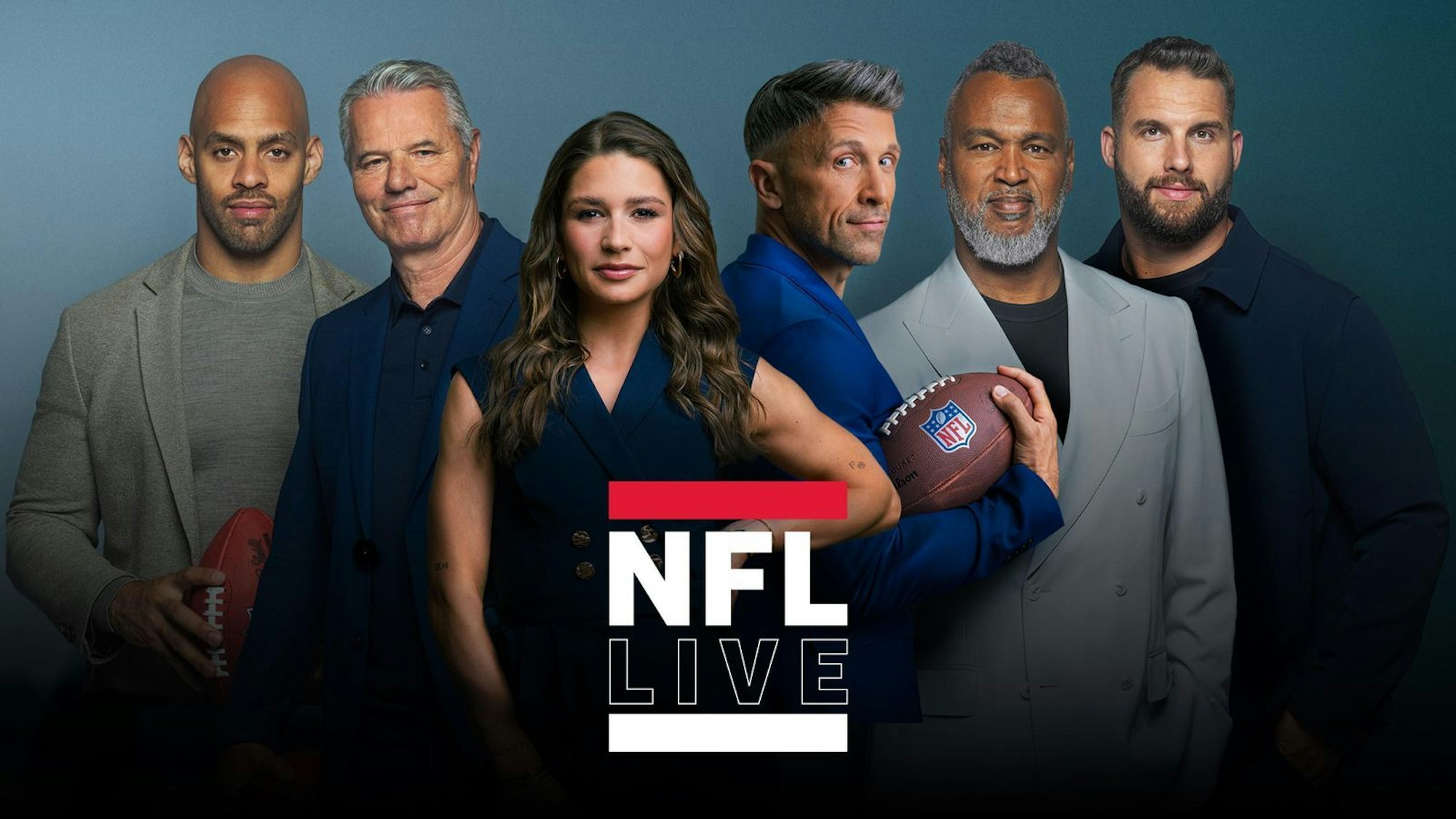 Sie begleiten die neue Saison der NFL bei RTL, von links: Kasim Edebali, Jan Stecker, Jana Wosnitza, Florian Ambrosius, Patrick Esume und Björn Werner. In der ersten Spielwoche am Sonntag, 7. September, läuft die NFL bei NITRO, danach geht es wieder regulär jeden Sonntag in die RTL-Primetime. (Bild: RTL / Anne Werner / Pascal Bünning)