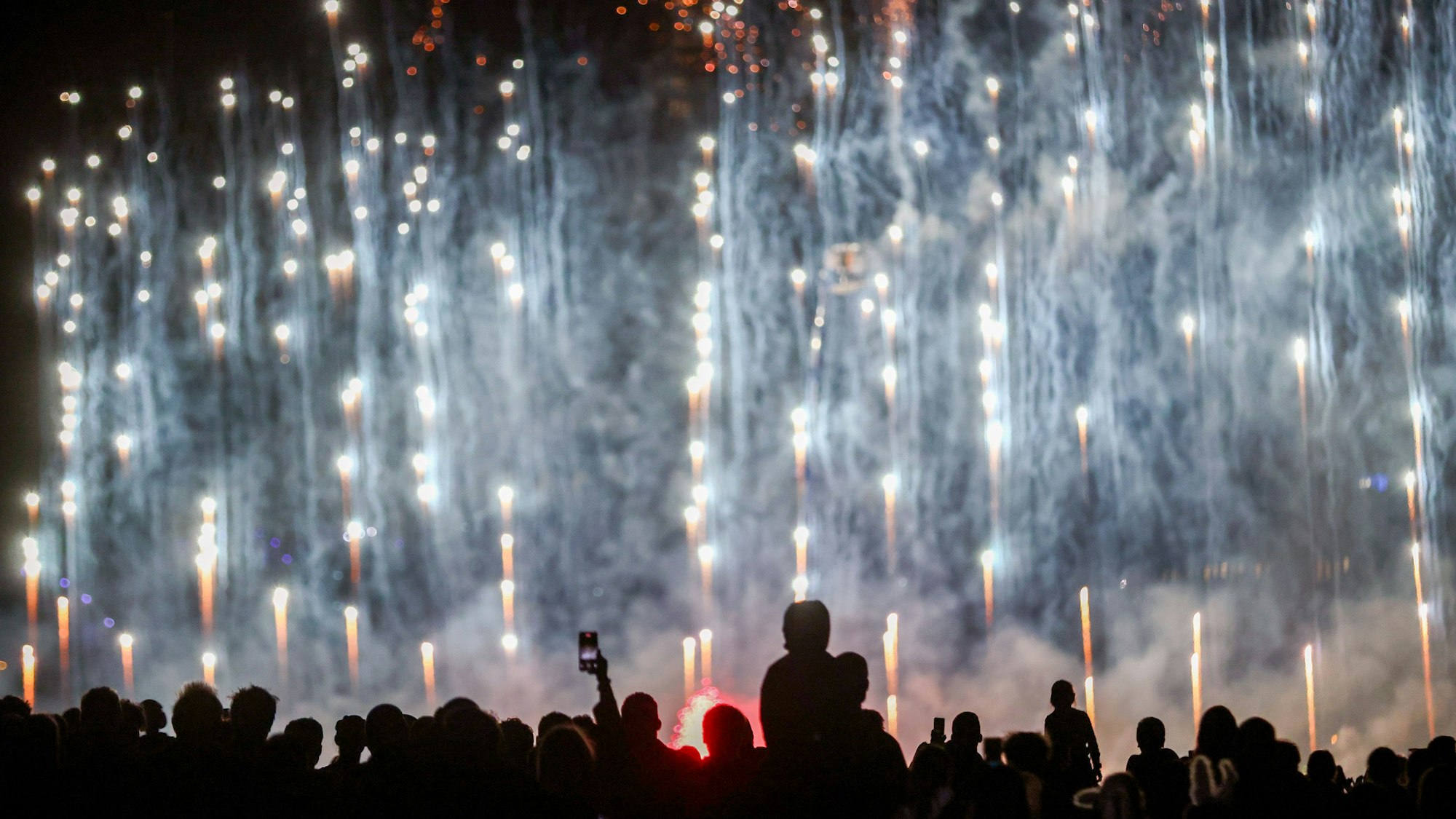 Tausende Menschen besuchten im Kölner Rheinpark das größte musiksynchrone Feuerwerk Europas.