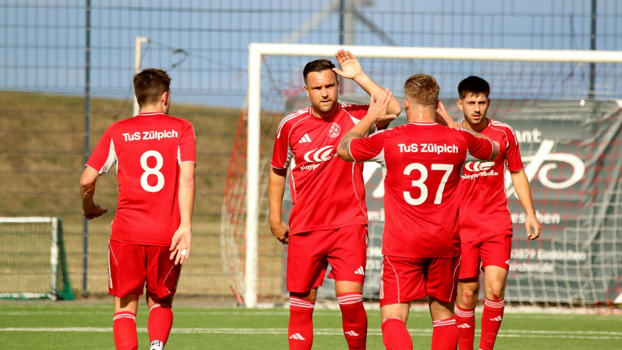 Vier Fußballer jubeln, nachdem ein Tor gefallen ist.